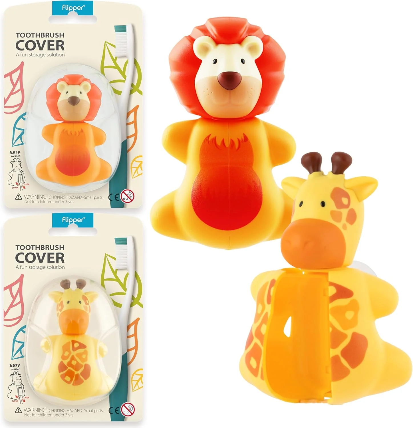 پک دو عددی روکش مسواک فلیپر طرح زرافه و شیر، باز و بسته شدن با یک لمس، نگهدارنده مسواک با مکنده برای آینه، شیشه یا کاشی، ضد گرد و غبار، استفاده آسان، ساخت مالزی +3 سال