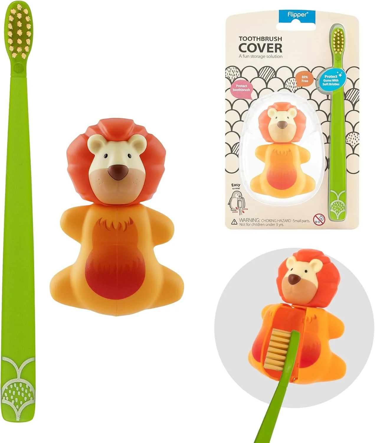 ست بهداشت دهان و دندان فلیپر شامل جا مسواکی طرح حیوانات بامزه، مسواک با برس نرم، طرح شیر، ضد گرد و غبار، باز و بسته شدن با یک لمس، دارای مکنده برای آینه، شیشه یا کاشی (رنگ مسواک ممکن است متفاوت باشد)