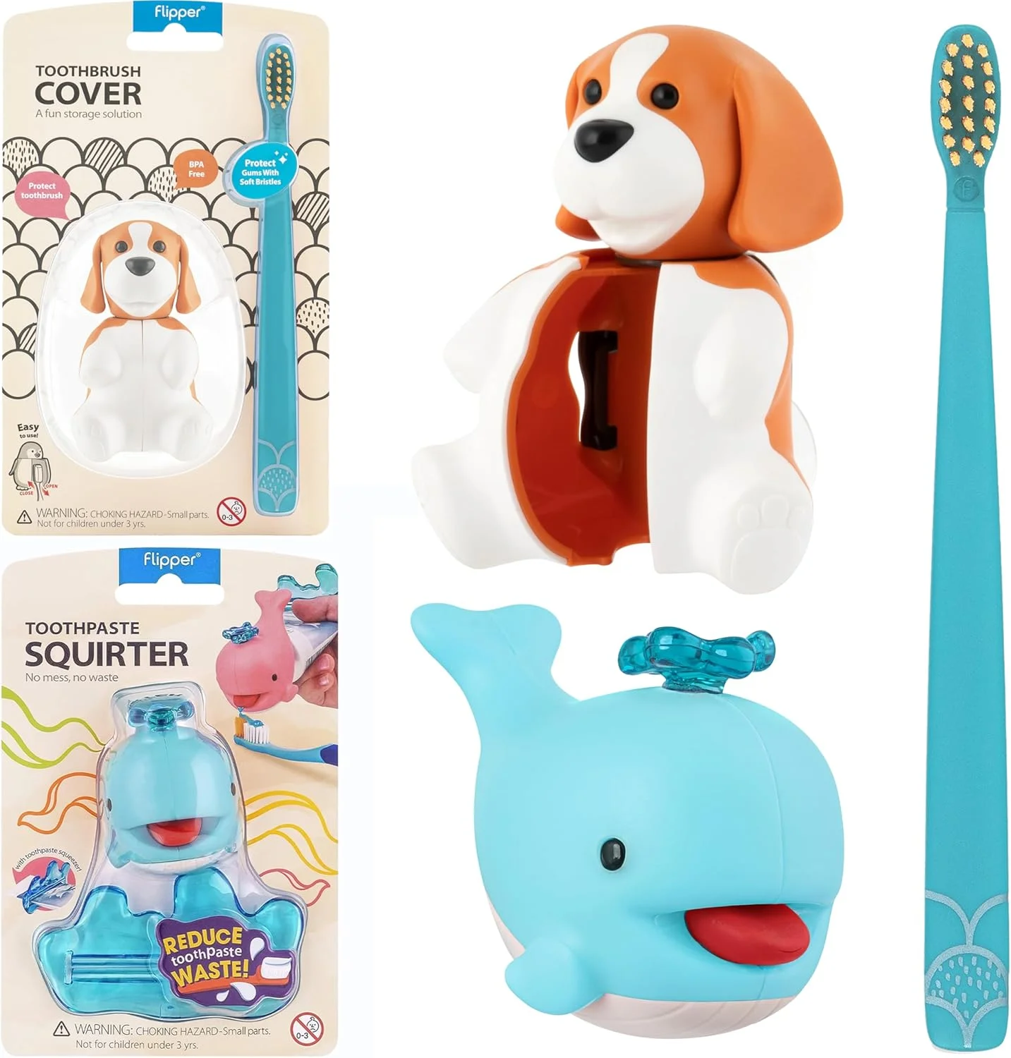 ست بهداشت دهان و دندان فلیپر - روکش مسواک و مسواک طرح حیوانات بامزه/بیگل + پخش کننده خمیر دندان طرح نهنگ/آبی، مسواک با برس نرم، نگهدارنده مسواک دیواری، ساخت مالزی