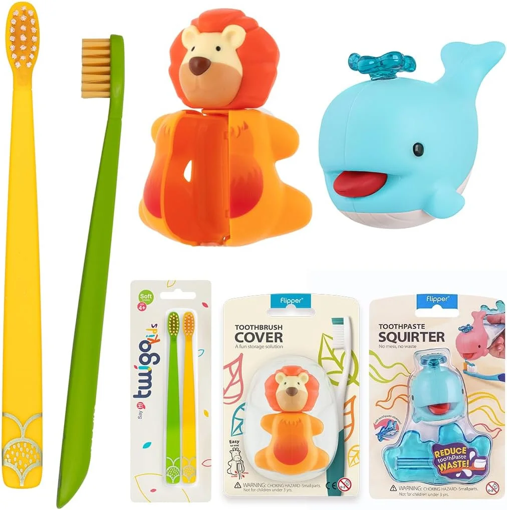 ست بهداشت دهان و دندان حیوانات فلیپر فان - روکش مسواک سگ شکاری، پخش کننده خمیر دندان نهنگ آبی برای پخش لذت بخش خمیر دندان، و مسواک نرم دو در یک فلیپ تویگو برای کودکان، ساخت مالزی، 3 سال به بالا
