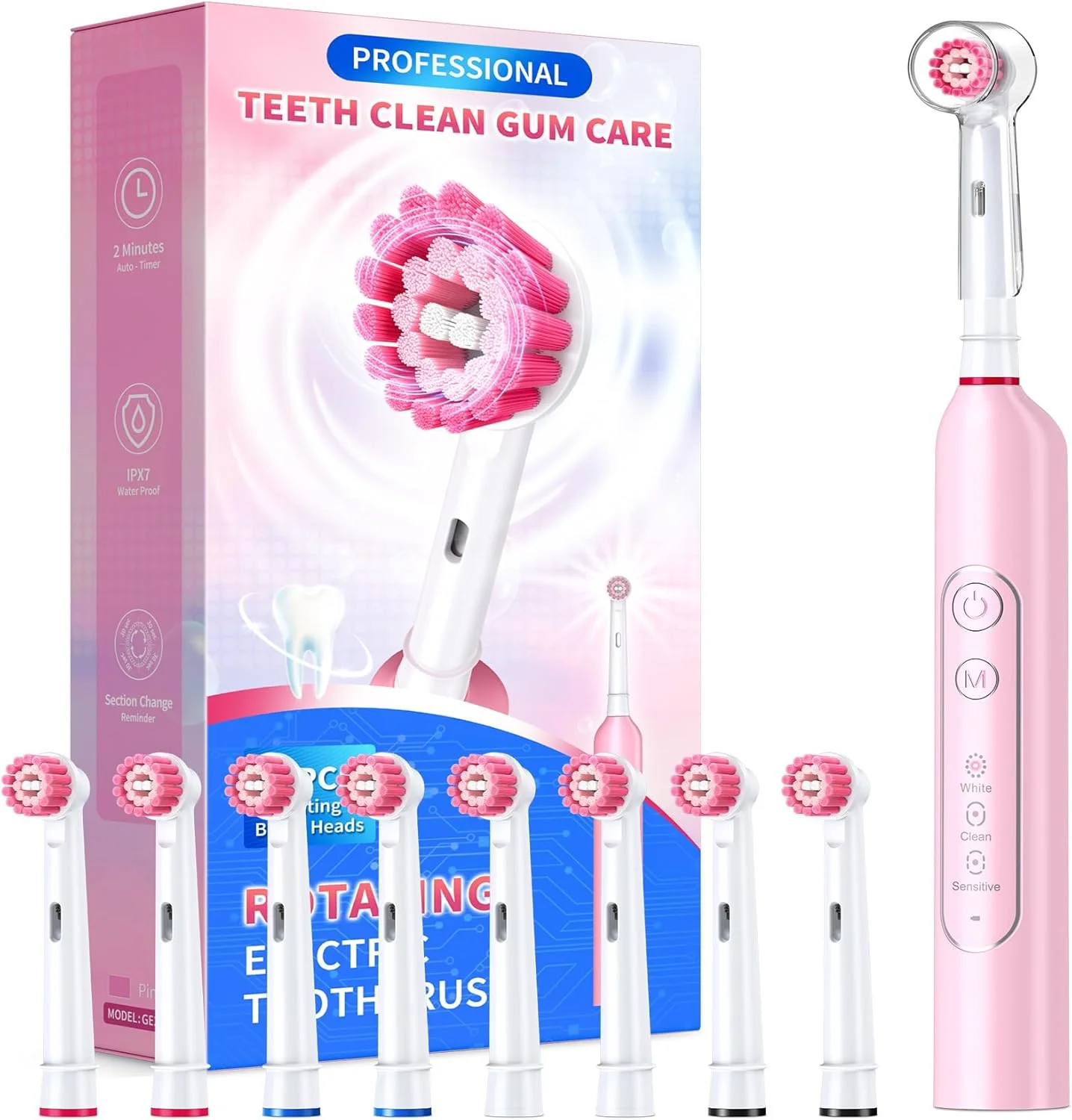 مسواک برقی چرخشی بزرگسالان با 8 سری برس، مسواک برقی مراقبت از لثه های حساس با 3 حالت و تایمر هوشمند 2 دقیقه ای، قابل شارژ تا 45 روز (صورتی شکوفه، چرخشی)