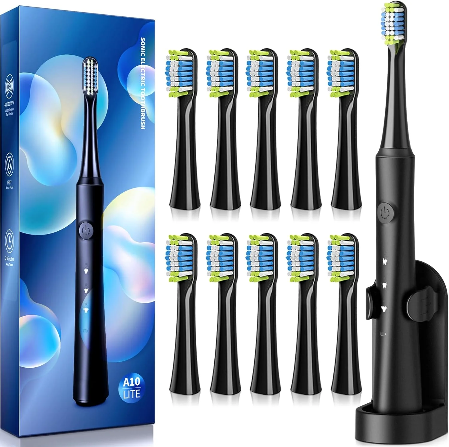 مسواک برقی صوتی بزرگسالان TEETHEORY نسخه ارتقا یافته با 10 سری مسواک، مسواک برقی قدرتمند با 40000 VPM و 3 حالت