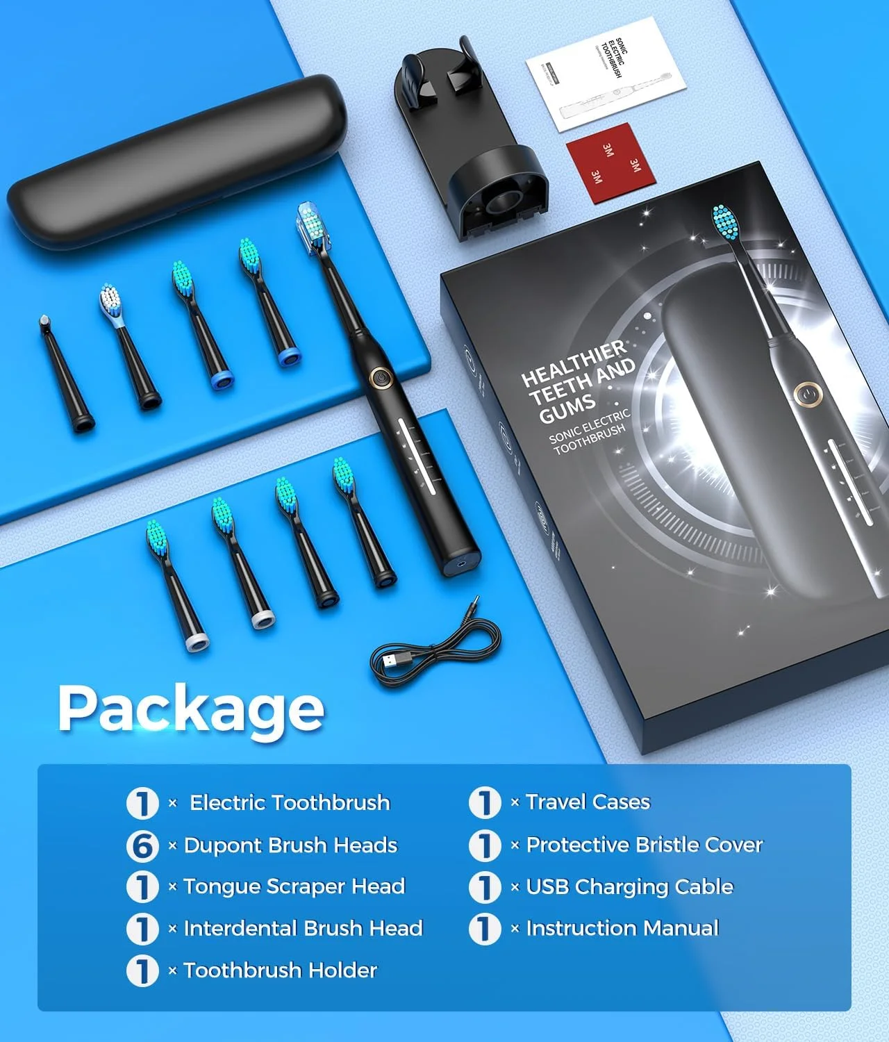 مسواک برقی سونیک برای بزرگسالان، مسواک برقی قدرتمند با 8 سری مسواک، کیف مسافرتی، 40000 وی پی ام پاکسازی عمیق 5 حالت، مسواک های قابل شارژ شارژ سریع 4 ساعت دوام 30 روز، مشکی