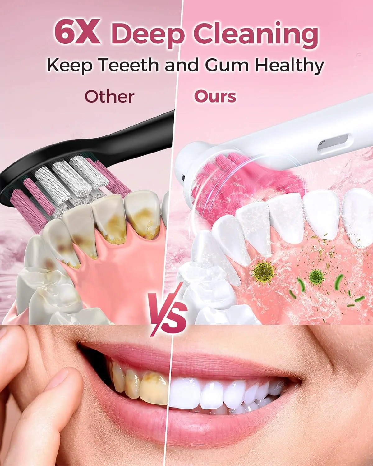 مسواک برقی چرخشی بزرگسالان با 8 سری برس، مسواک برقی مراقبت از لثه های حساس با 3 حالت و تایمر هوشمند 2 دقیقه ای، قابل شارژ تا 45 روز (صورتی شکوفه، چرخشی)