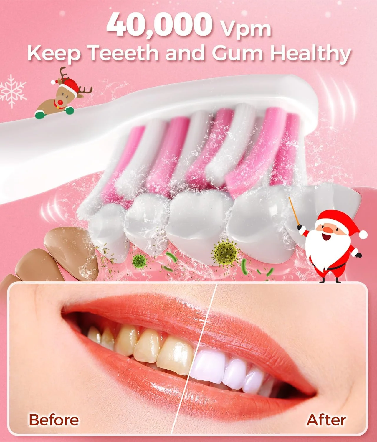 مسواک برقی TEETHEORY با کیف مسافرتی، مسواک صوتی برای بزرگسالان با 8 سری مسواک برای 2 سال استفاده، 40000 وی‌پی‌ام تمیز کننده عمیق، مسواک‌های قابل شارژ که 30 روز دوام می‌آورند با 5 حالت (صورتی شکوفه گیلاس)