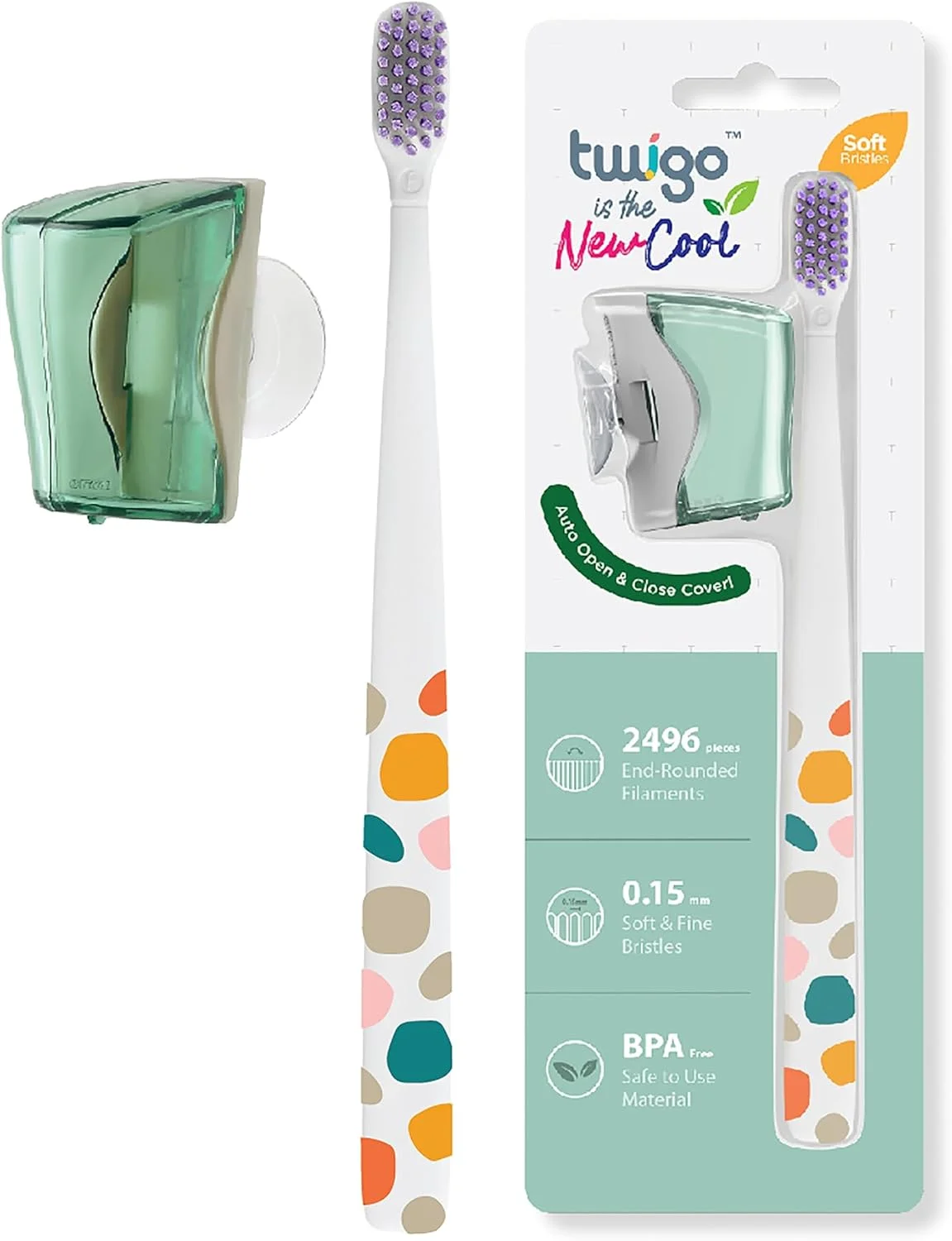 مسواک نرم فیلیپر با برس های فاقد BPA به همراه درپوش مسواک، سبز - دوست داشتنی، ضد گرد و غبار و آسان برای استفاده، باز و بسته شدن با یک لمس، دارای پایه مکنده برای آینه، شیشه یا کاشی، ساخت مالزی