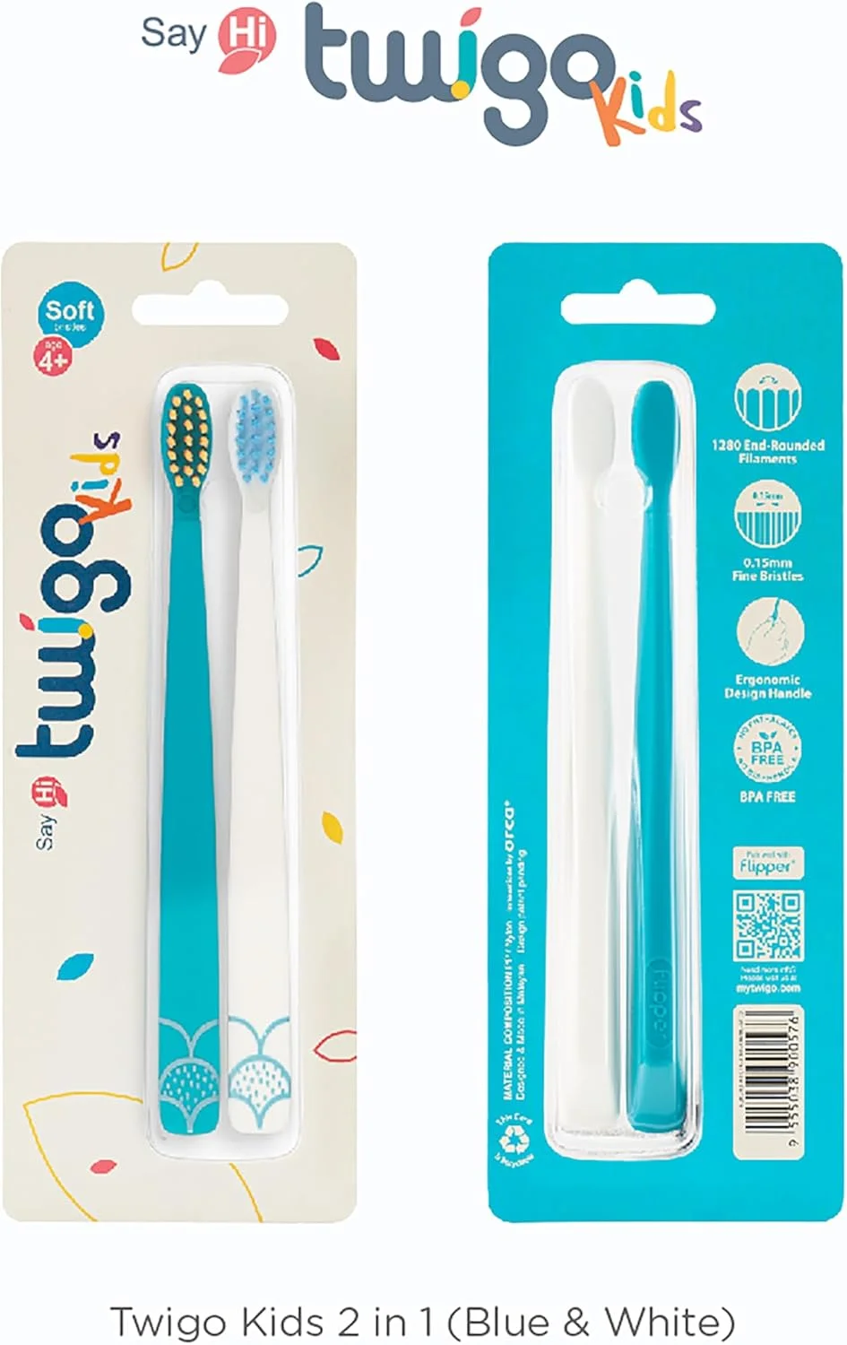 مسواک فوق العاده نرم کودکانه فلیپر فان تویگو بدون BPA، بسته دوتایی، مراقبت از دهان با برس های نرم، مسواک زدن ایمن، ساخت مالزی - آبی و سفید، 3 سال به بالا