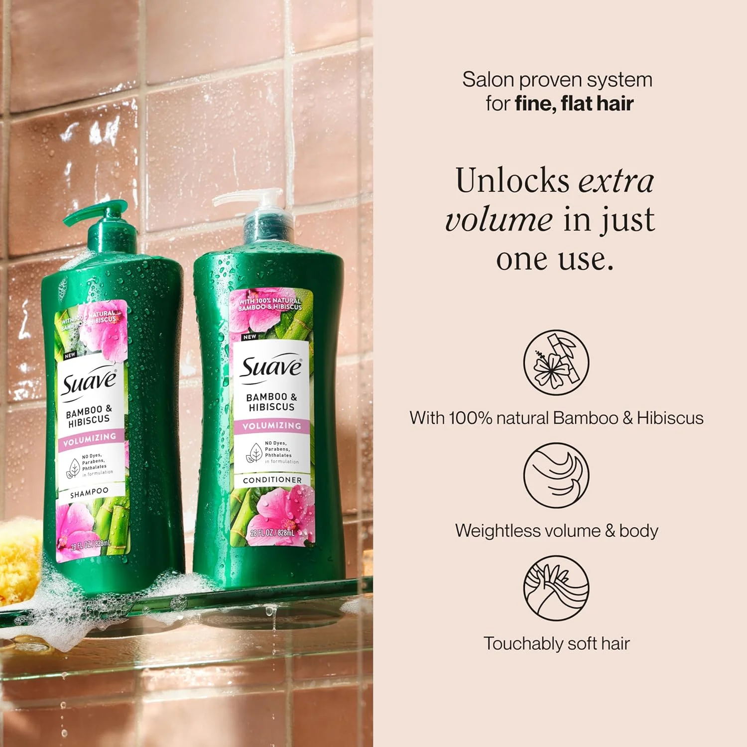 شامپو حجم دهنده بامبو و هیبیسکوس سواو، برای موهای نازک و کم حجم، سیستم اثبات شده در سالن برای افزایش حجم و حالت مو، 828 میلی لیتر، بسته 4 عددی
