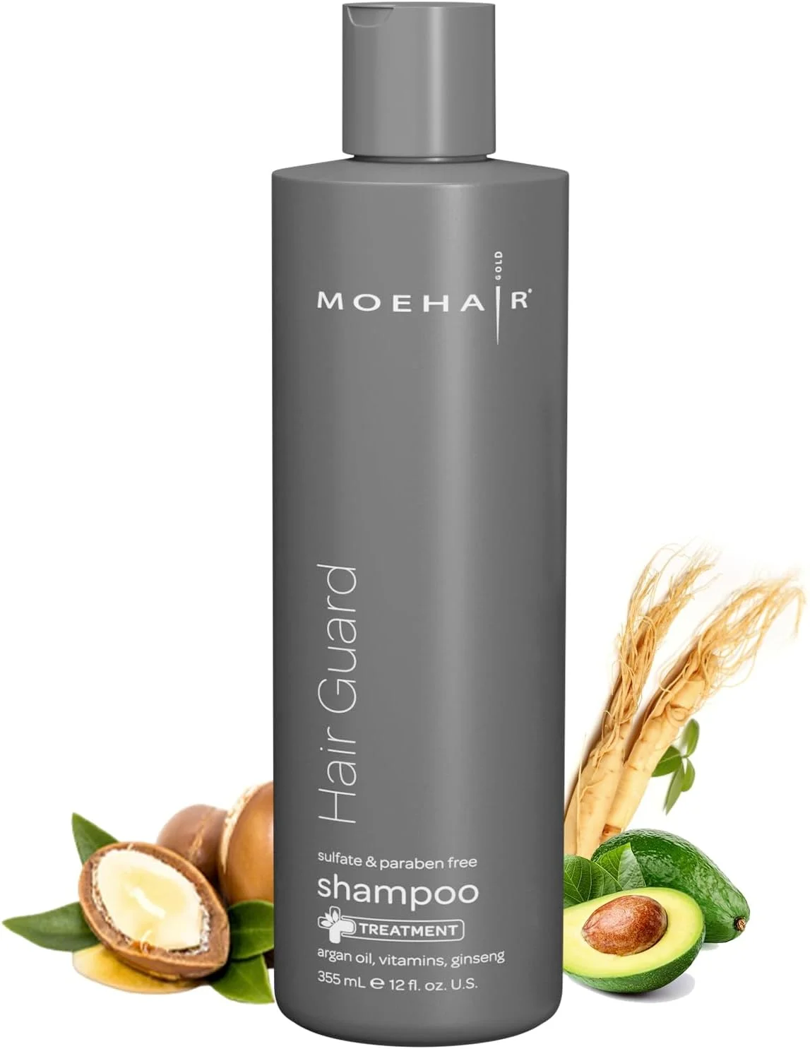 شامپو محافظ مو موهیر | تحریک کننده فولیکول های مو | شامپو ضخیم کننده و حجم دهنده مو | غنی شده با روغن آرگان، جینسینگ و ویتامین ها | فاقد پارابن و سولفات (355 میلی لیتر)