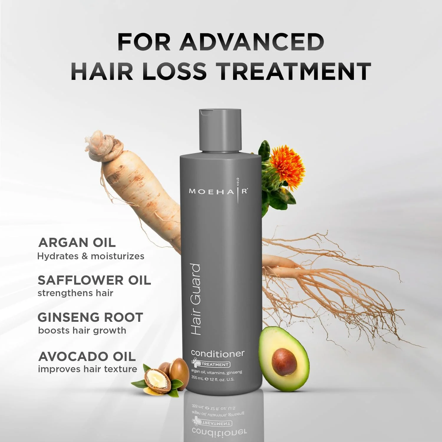 شامپو محافظ مو موهیر | تحریک کننده فولیکول های مو | شامپو ضخیم کننده و حجم دهنده مو | غنی شده با روغن آرگان، جینسینگ و ویتامین ها | فاقد پارابن و سولفات (355 میلی لیتر)