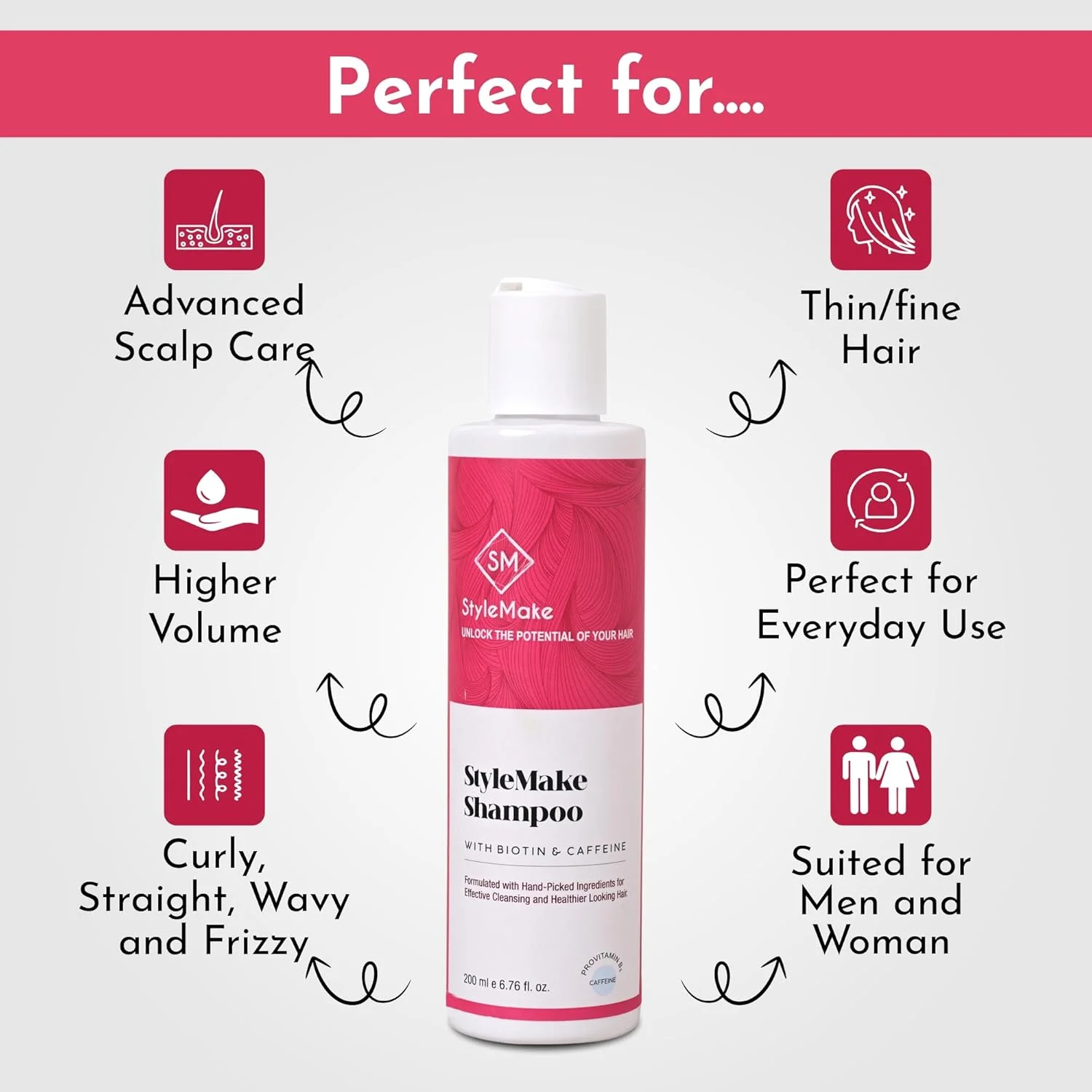 شامپو ضخیم کننده مو حاوی بیوتین و کافئین بدون SLS استایل میک، مناسب آقایان و بانوان | حاوی د-پانتنول و بیوتین برای موهای قوی و ضخیم - 200 میلی لیتر