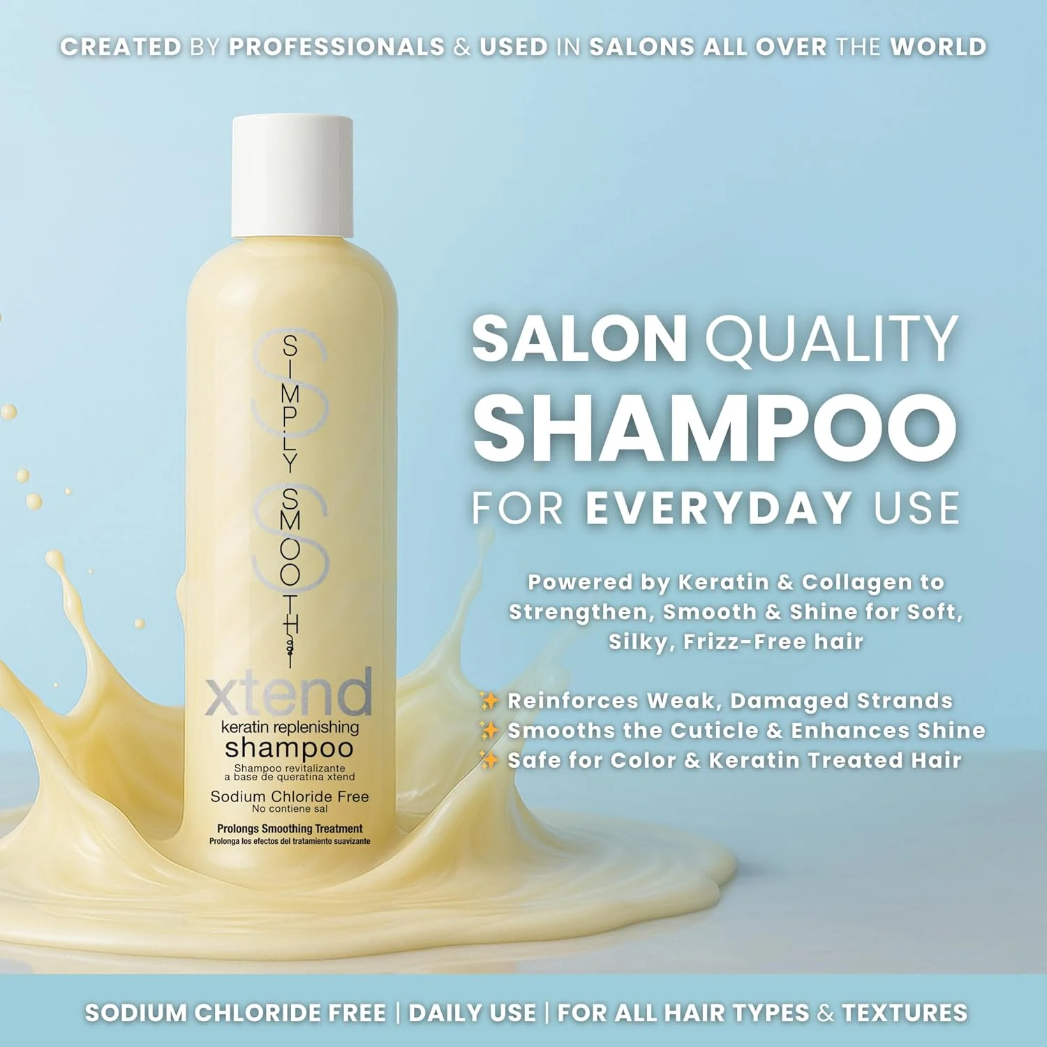 شامپو بازسازی کننده کراتین سیمپلی اسموت اکستند، پاک کننده روزانه غنی شده با کراتین و کلاژن برای انواع مو، ترمیم کننده موهای آسیب دیده، افزایش دهنده استحکام و درخشش، 250 میلی لیتر