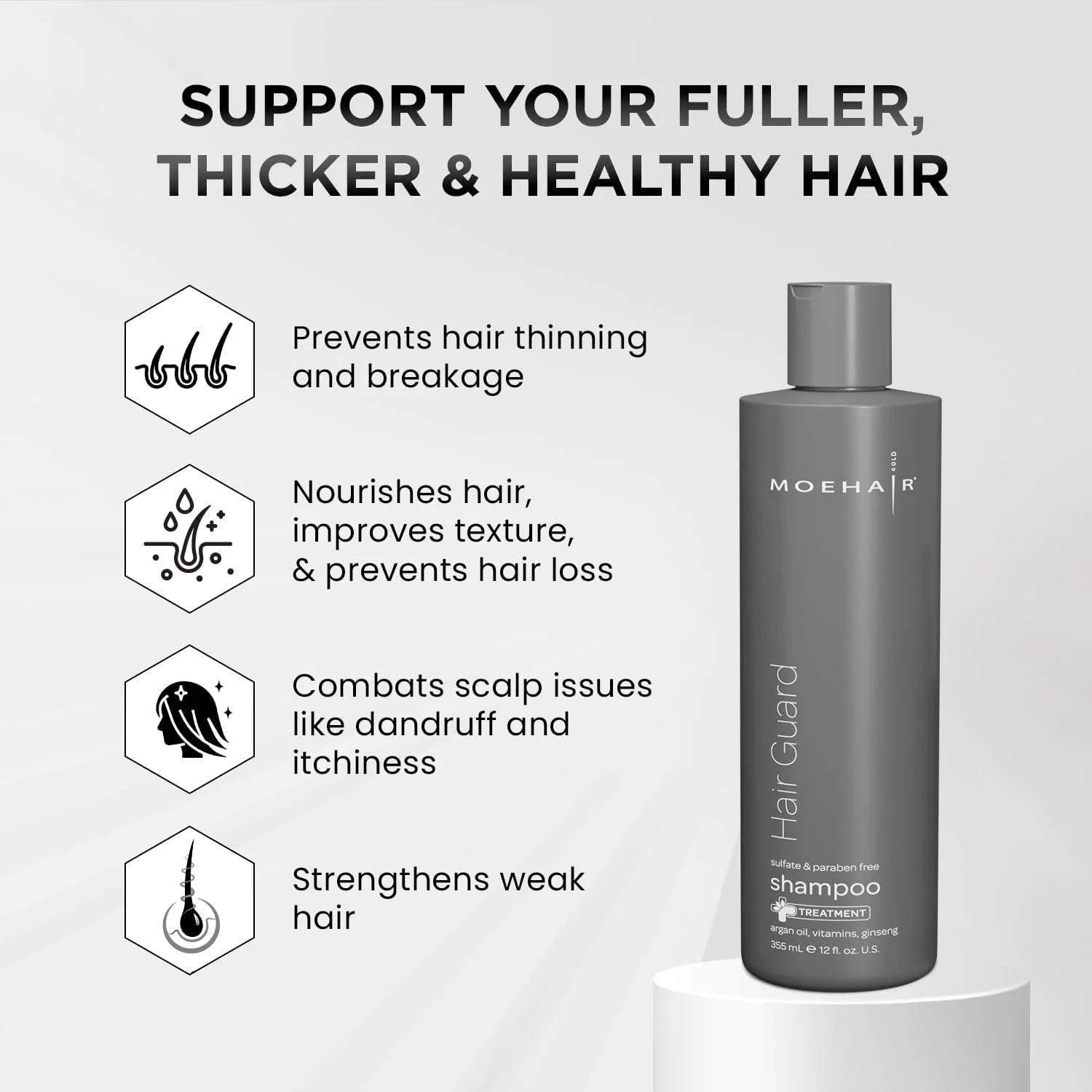 شامپو محافظ مو موهیر | تحریک کننده فولیکول های مو | شامپو ضخیم کننده و حجم دهنده مو | غنی شده با روغن آرگان، جینسینگ و ویتامین ها | فاقد پارابن و سولفات (355 میلی لیتر)