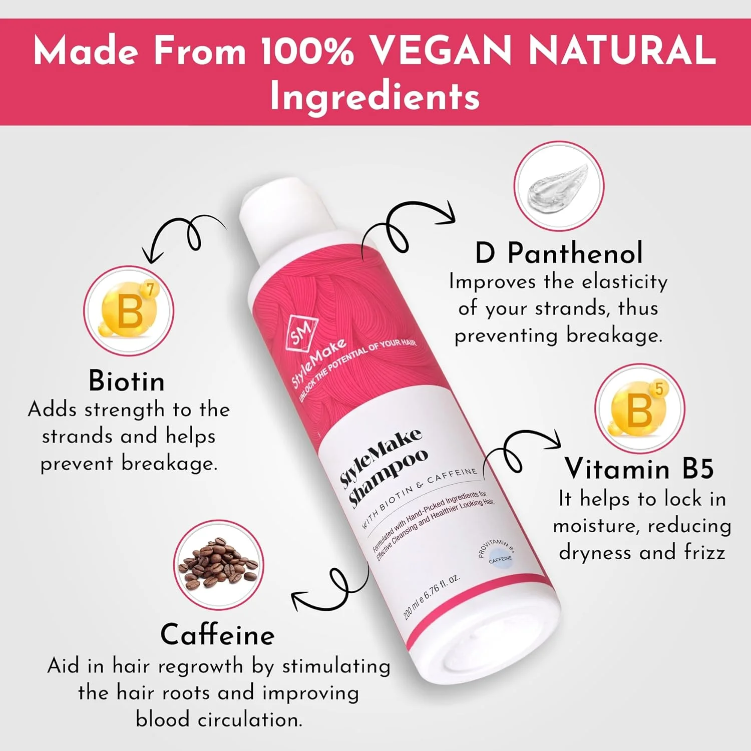 شامپو ضخیم کننده مو حاوی بیوتین و کافئین بدون SLS استایل میک، مناسب آقایان و بانوان | حاوی د-پانتنول و بیوتین برای موهای قوی و ضخیم - 200 میلی لیتر