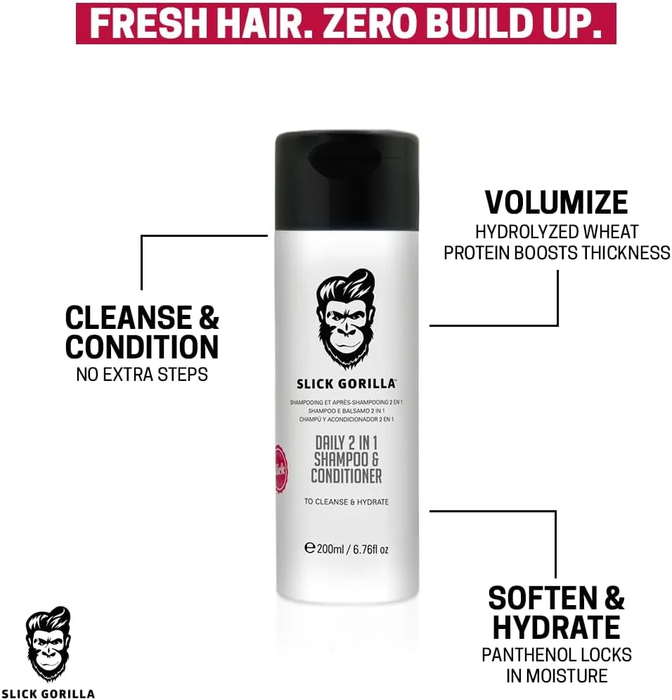 شامپو و نرم کننده موی سر 2 در 1 روزانه اسلیک گوریلا برای آقایان، شامپو و نرم کننده مردانه با رایحه ملایم، پاک کننده، آبرسان و تقویت کننده، محصولات مو، وگان، 200 میلی لیتر