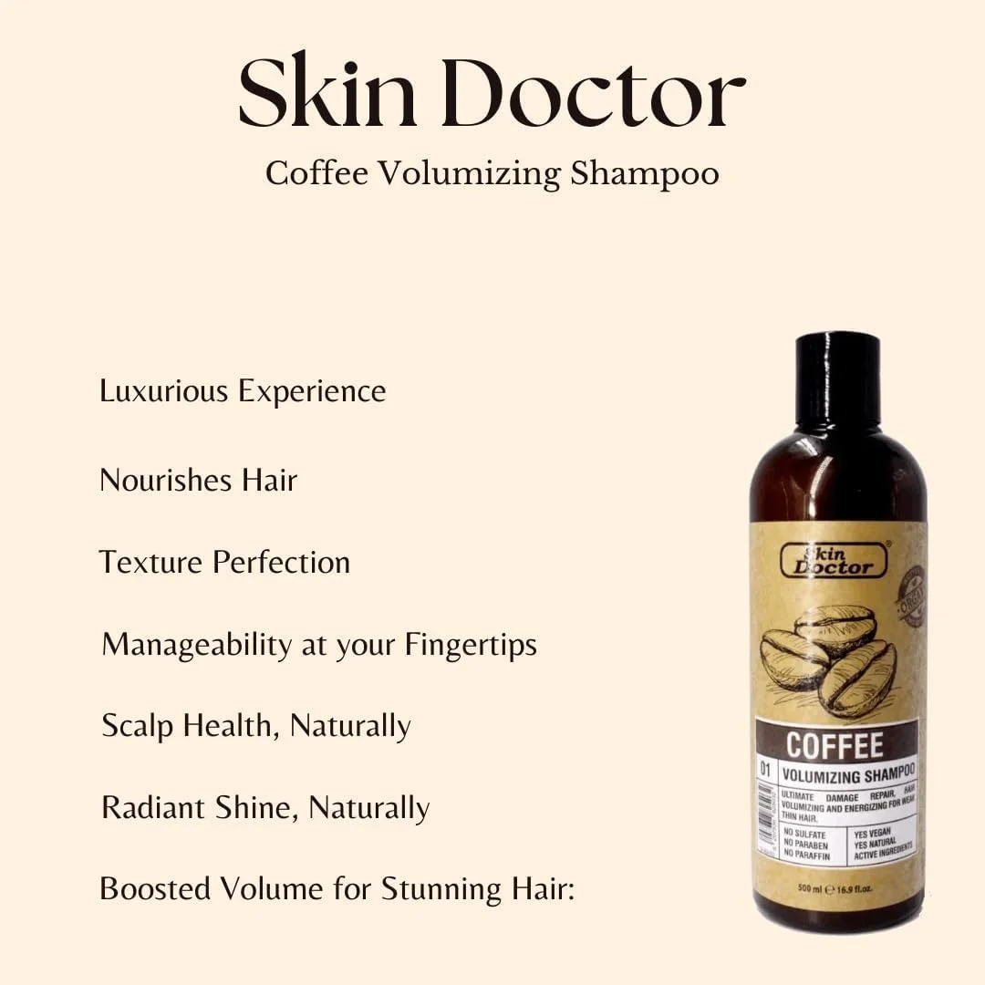 شامپو حجم دهنده قهوه Skin Doctor حجم 500 میلی لیتر - شامپو ضخیم کننده 500 میلی لیتری برای آقایان و بانوان، شامپوها، فاقد پارابن، تقویت کننده و افزایش دهنده ضخامت مو به طور محسوس، برای استفاده روزانه