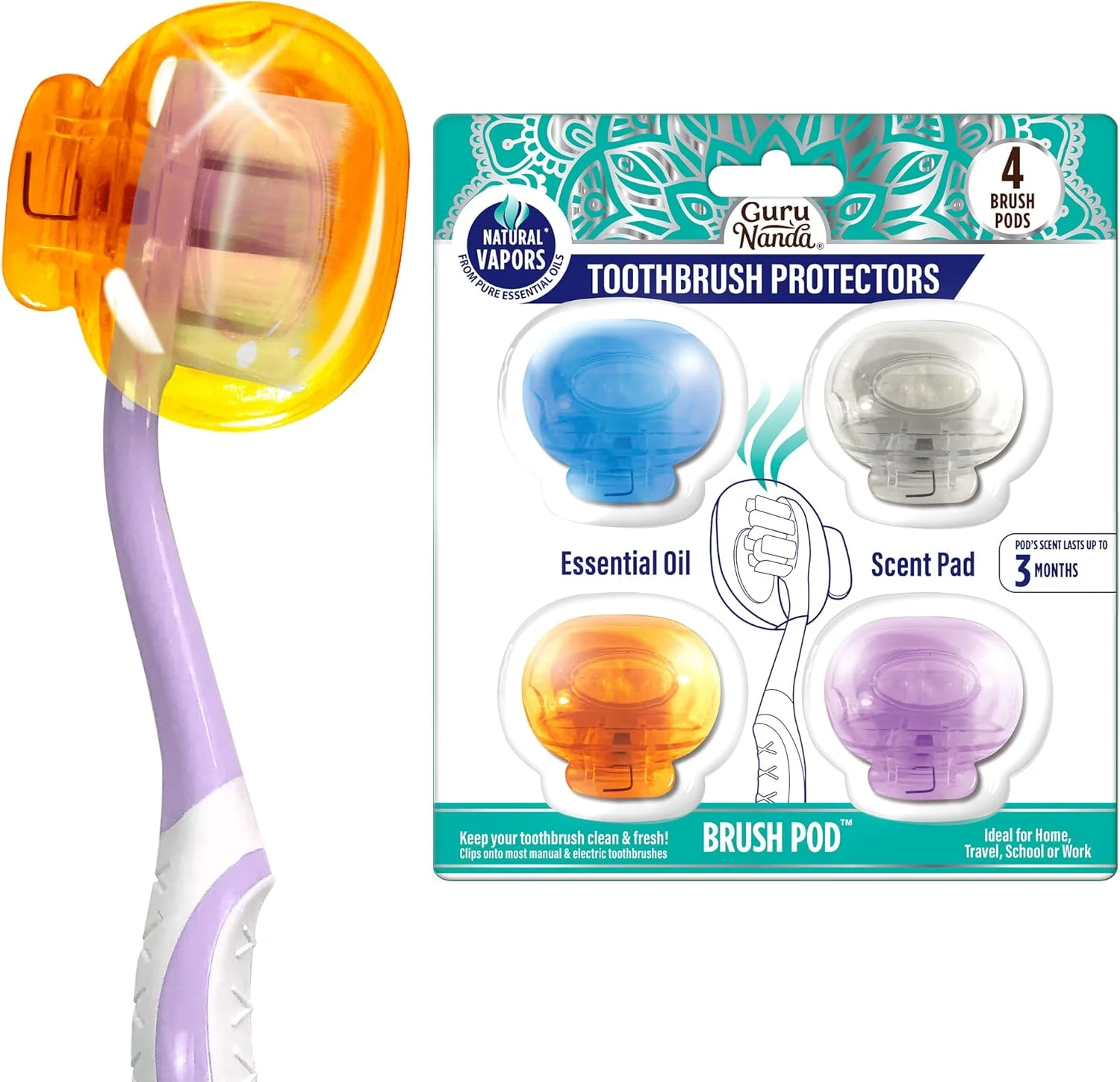محافظ سر مسواک گورو ناندا (بسته 4 عددی) - پوشش سر مسواک برای مسواک های دستی و برقی - محافظ پلاستیکی گیره دار مسواک با بخارات روغن های ضروری طبیعی - رنگ ها متفاوت است