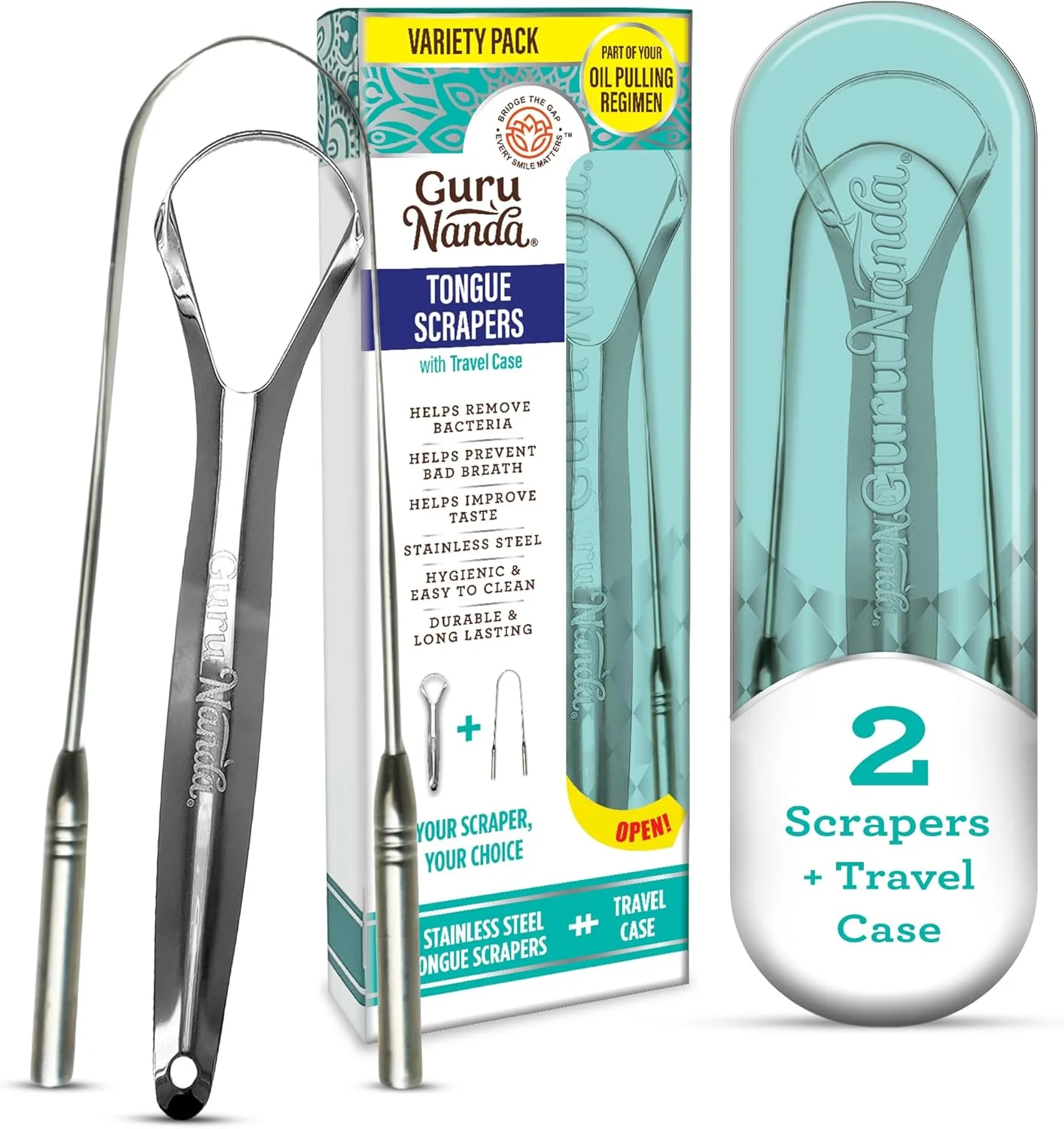 مجموعه قاشق و زبان پاک کن U شکل گورو ناندا (2 عددی) با کیف مسافرتی، استیل ضد زنگ درجه پزشکی 420، ترویج تنفس تازه و مراقبت از دهان