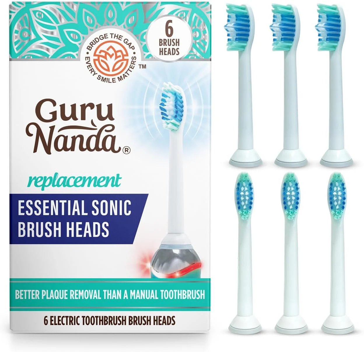 سری یدک مسواک برقی GuruNanda، سازگار با دسته مسواک های سونیک دارای سنسور فشار، برس نرم برای تمیزی موثر - بسته 6 عددی