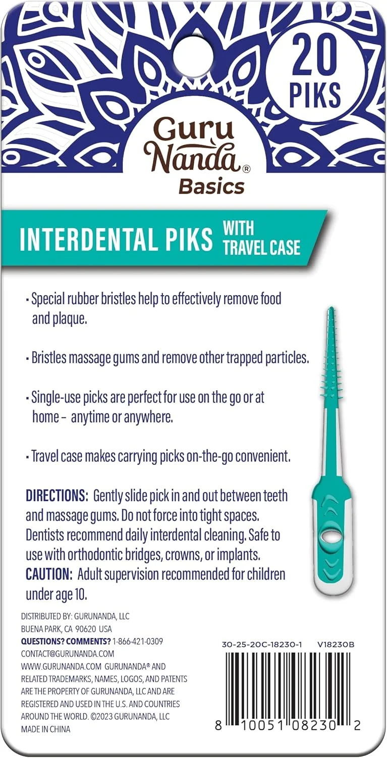 خلال دندان بین دندانی GuruNanda با جعبه مسافرتی - خلال دندان برای تمیز کردن دندان ها - دارای موهای لاستیکی انعطاف پذیر - 20 عدد