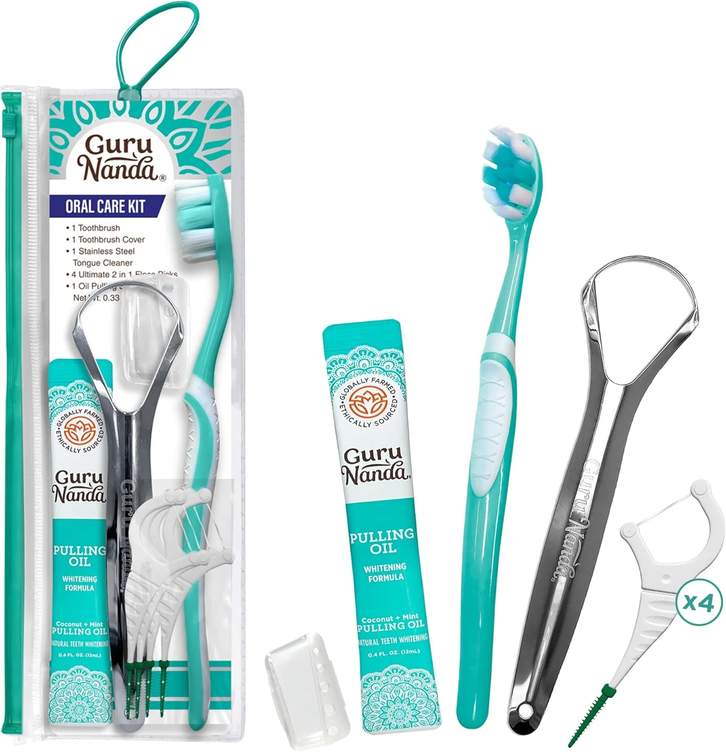 کیت مراقبت از دهان مسافرتی گورو ناندا - 1 مسواک باتر آن گامز، 1 زبان شوی، 4 نخ دندان دو طرفه، 1 ساشه روغن نارگیل و نعناع