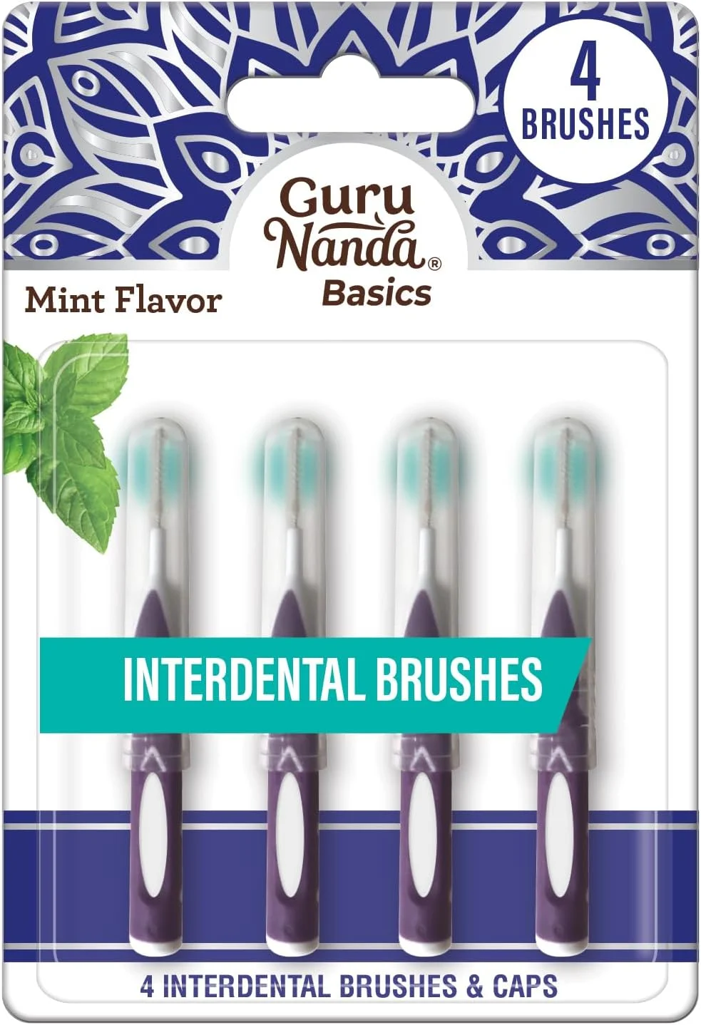 برس های بین دندانی GuruNanda با درپوش - خلال دندان برای تمیز کردن دندان - طعم نعناع - بسته 4 عددی