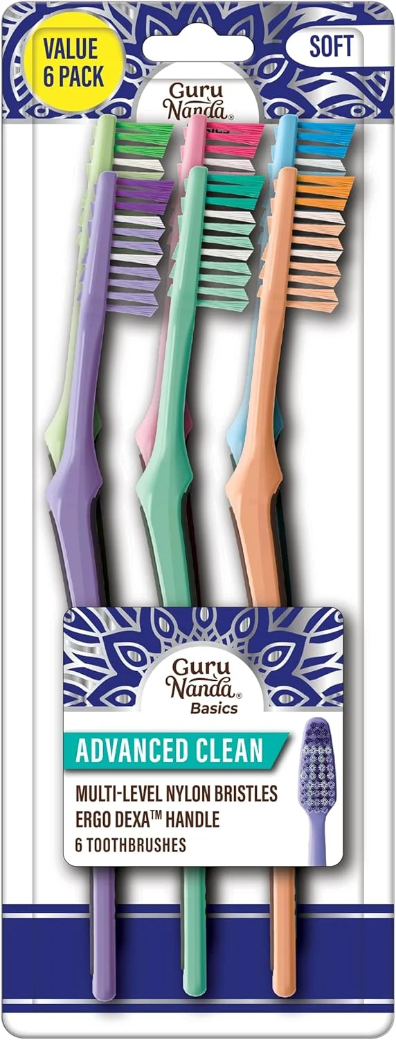 مسواک تمیز کننده پیشرفته GuruNanda با تمیز کننده زبان - برس های نرم برای دندان ها و لثه های حساس - رنگ های متنوع، بسته 6 عددی