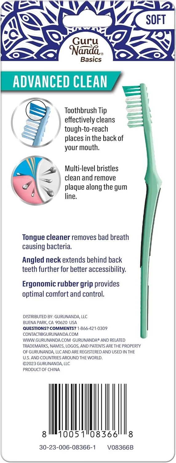 مسواک تمیز کننده پیشرفته GuruNanda با تمیز کننده زبان - برس های نرم برای دندان ها و لثه های حساس - رنگ های متنوع، بسته 6 عددی