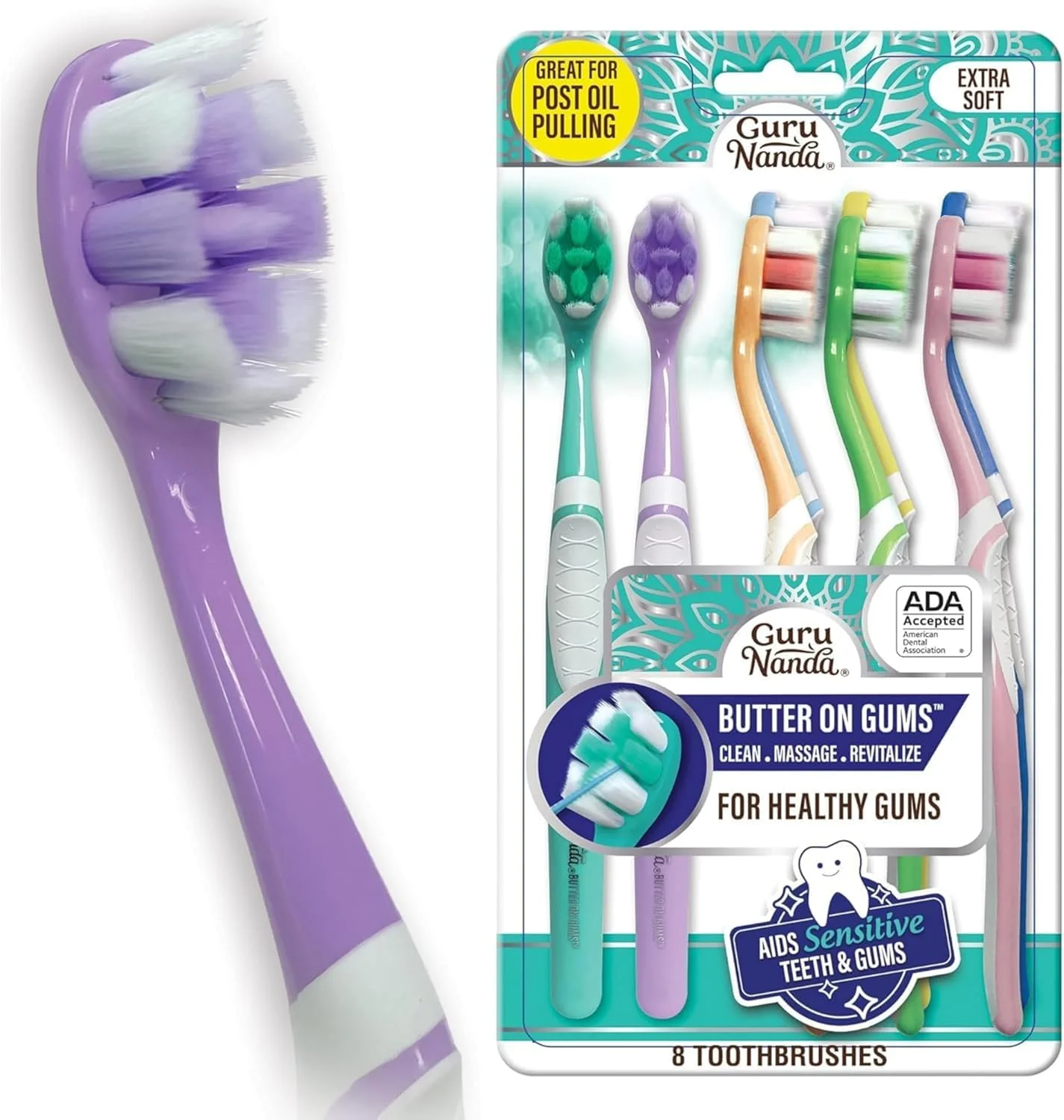 مسواک باتر آن گامز GuruNanda با برس های فوق العاده نرم برای لثه های حساس، مسواک نرم برای کودکان و بزرگسالان، 8 عدد