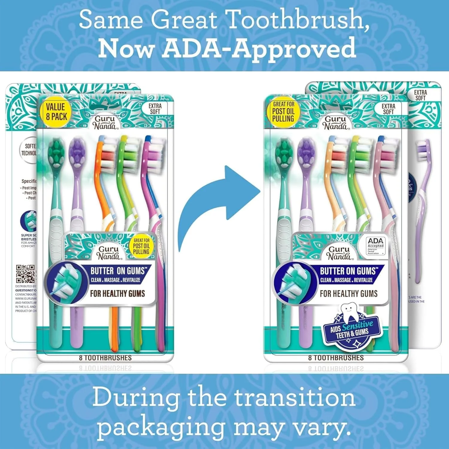 مسواک باتر آن گامز GuruNanda با برس های فوق العاده نرم برای لثه های حساس، مسواک نرم برای کودکان و بزرگسالان، 8 عدد
