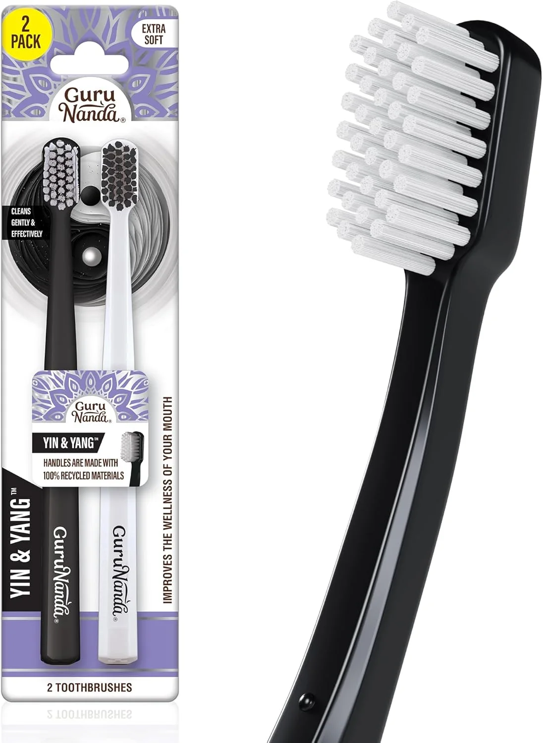 مسواک یین و یانگ GuruNanda با برس های فوق العاده نرم، ارتقاء بهداشت دهان و دندان ملایم و متعادل برای لبخندی روشن تر و شادتر، سازگار با محیط زیست، بدون BPA، 2 عدد