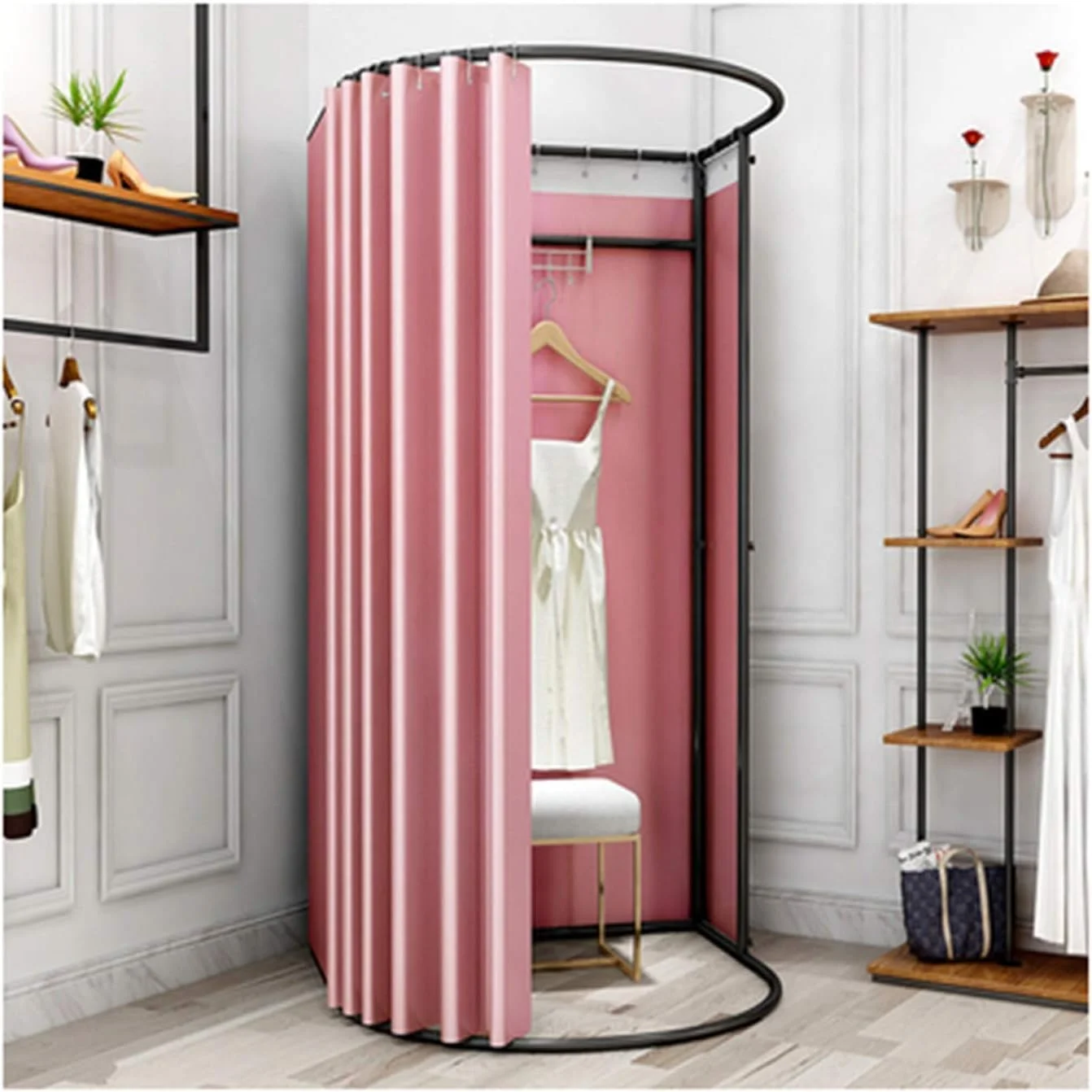 اتاق پرو ساده، اتاق پرو مداری نیم دایره ای، اتاق تعویض لباس با فضای بزرگ، مناسب برای 3-4 نفر به طور همزمان، استفاده راحت تر، پارچه ضخیم سایه انداز، میزان سایه اندازی 95٪