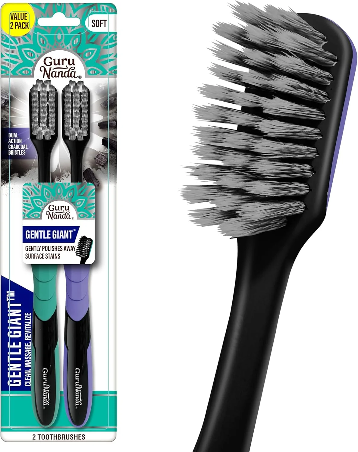 مسواک زغالی جنتل جاینت GuruNanda - دارای برس های مارپیچی نخ دندان دوگانه، دسته ارگونومیک ضد لغزش Dexa، کمک به سفید شدن دندان ها، فاقد BPA، 2 عدد