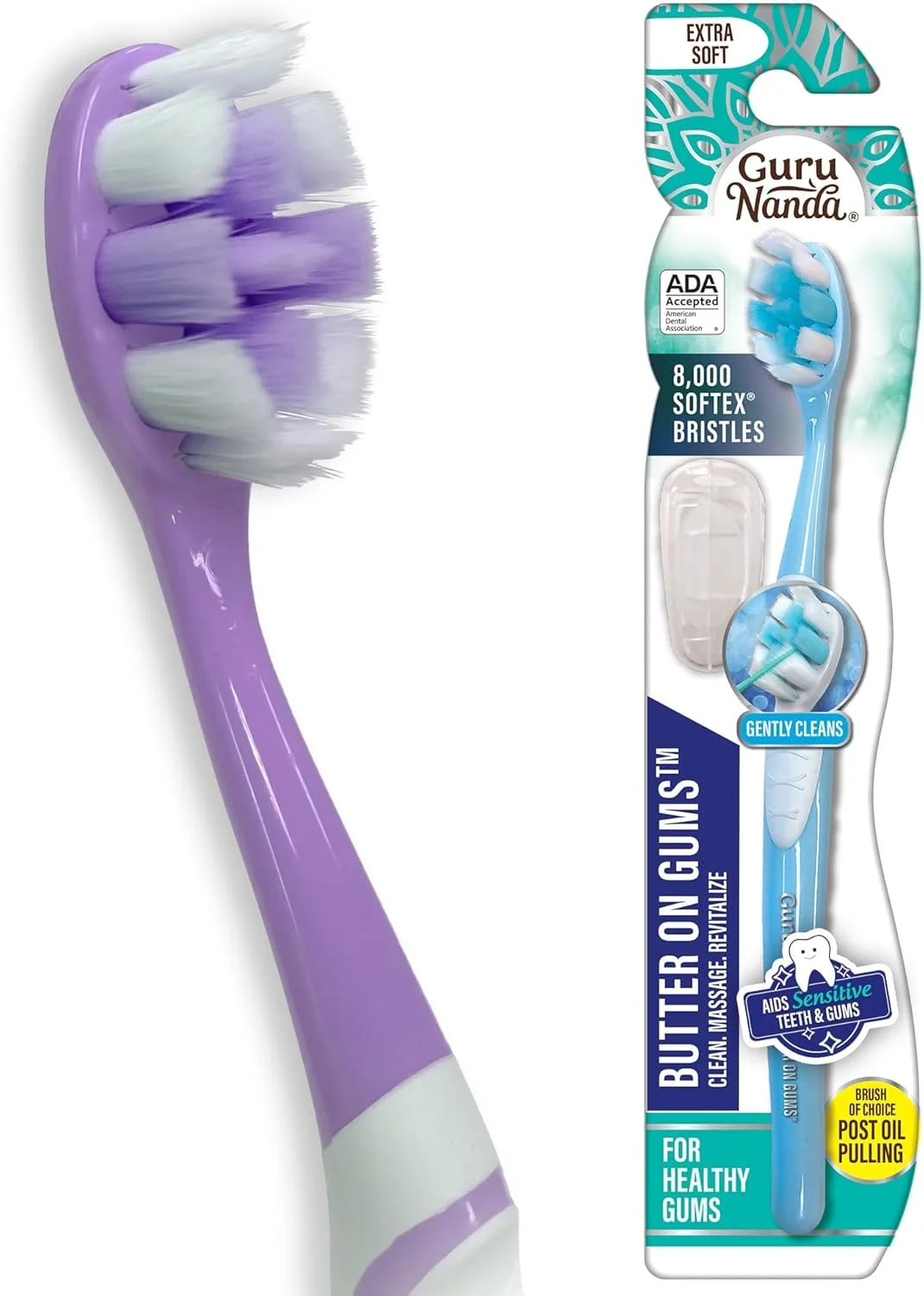 مسواک اکسترا کلین گورو ناندا باتر آن گامز با درپوش، برس نرم برای لثه های حساس، مسواک نرم برای کودکان و بزرگسالان، 1 عدد