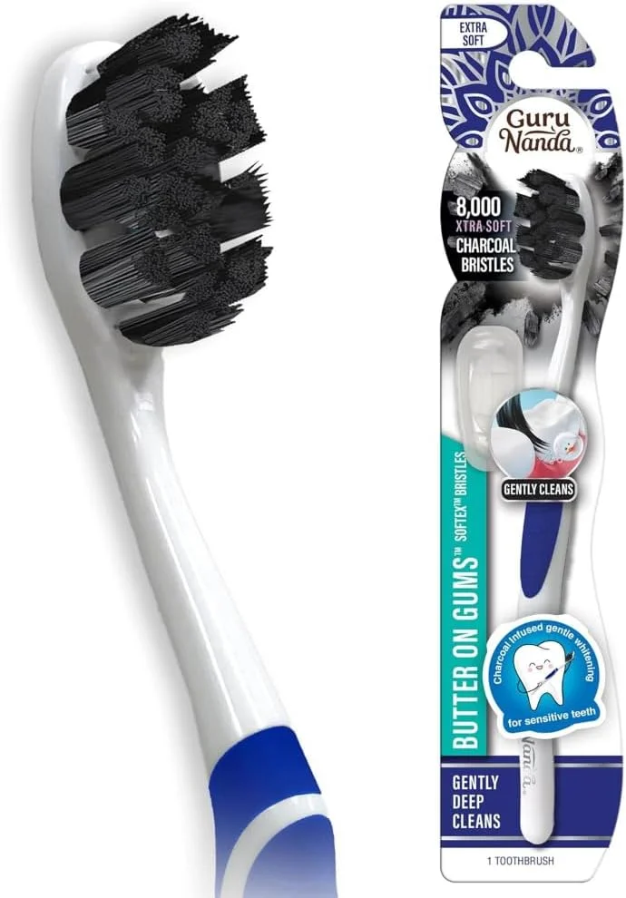 مسواک زغالی GuruNanda Butter On Gums – دارای بیش از 8000 برس بسیار نرم Softex با ذغال فعال - کمک به پاکسازی پلاک، سفید کردن دندان ها و کمک به تنفس تازه – برس بدون BPA برای بزرگسالان و کودکان (1 عدد)