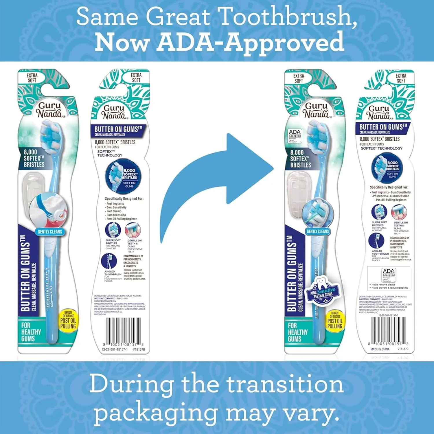 مسواک اکسترا کلین گورو ناندا باتر آن گامز با درپوش، برس نرم برای لثه های حساس، مسواک نرم برای کودکان و بزرگسالان، 1 عدد