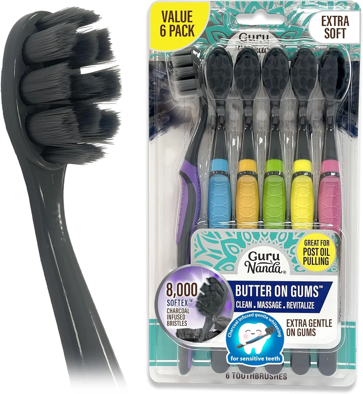 مسواک زغالی GuruNanda Butter On Gums با بیش از 8000 برس Softex، برس های فوق العاده نرم برای لثه های حساس و تحلیل رفته، ایده آل برای دندان های سفیدتر، 6 عدد
