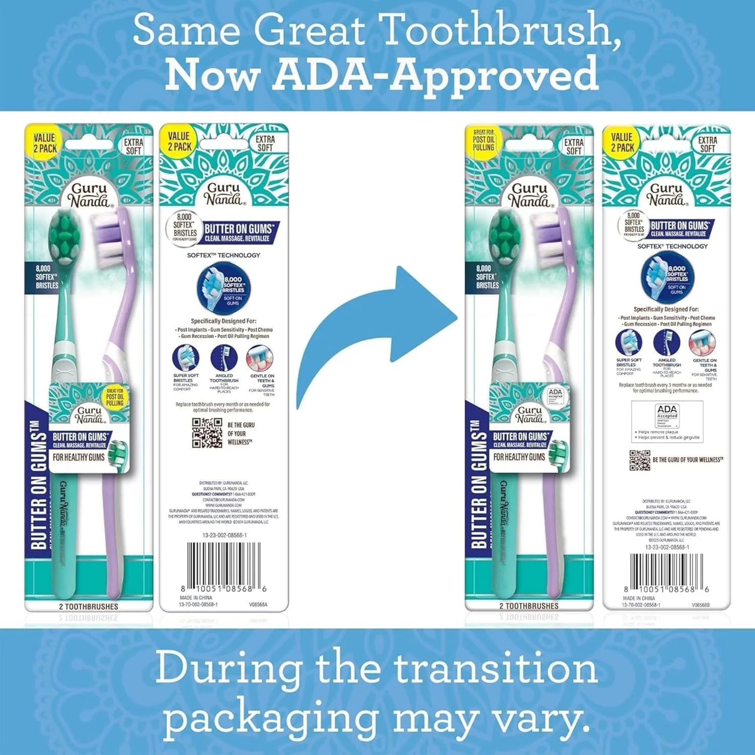 مسواک GuruNanda Butter on Gums با برس های فوق العاده نرم برای لثه های حساس، مسواک نرم برای کودکان و بزرگسالان، 2 عدد
