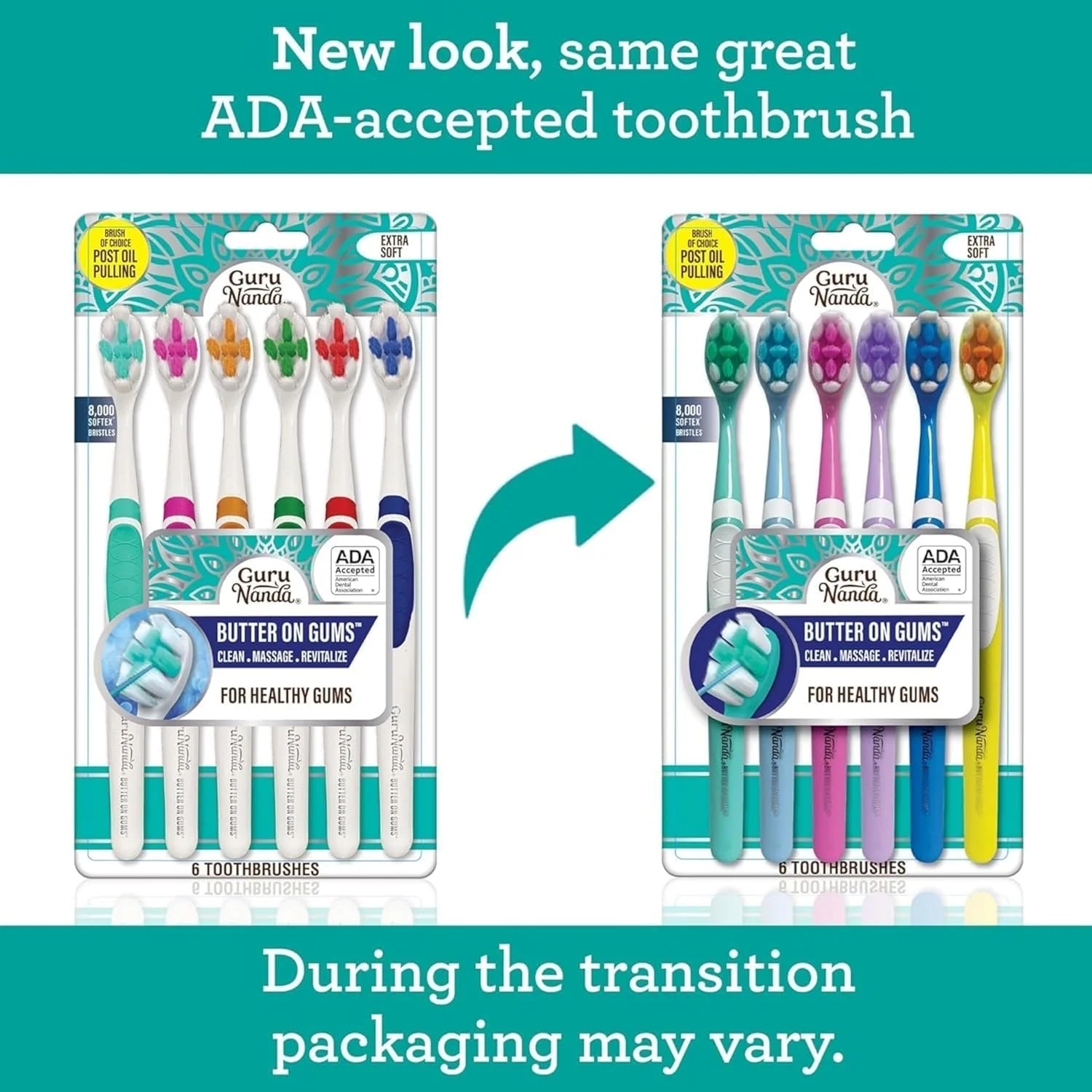 مسواک گورو ناندا باتر آن گامز با بیش از 8000 برس Softex، برس های فوق العاده نرم برای لثه های حساس و تحلیل رفته، ایده آل برای دندان های سفیدتر، 6 عدد
