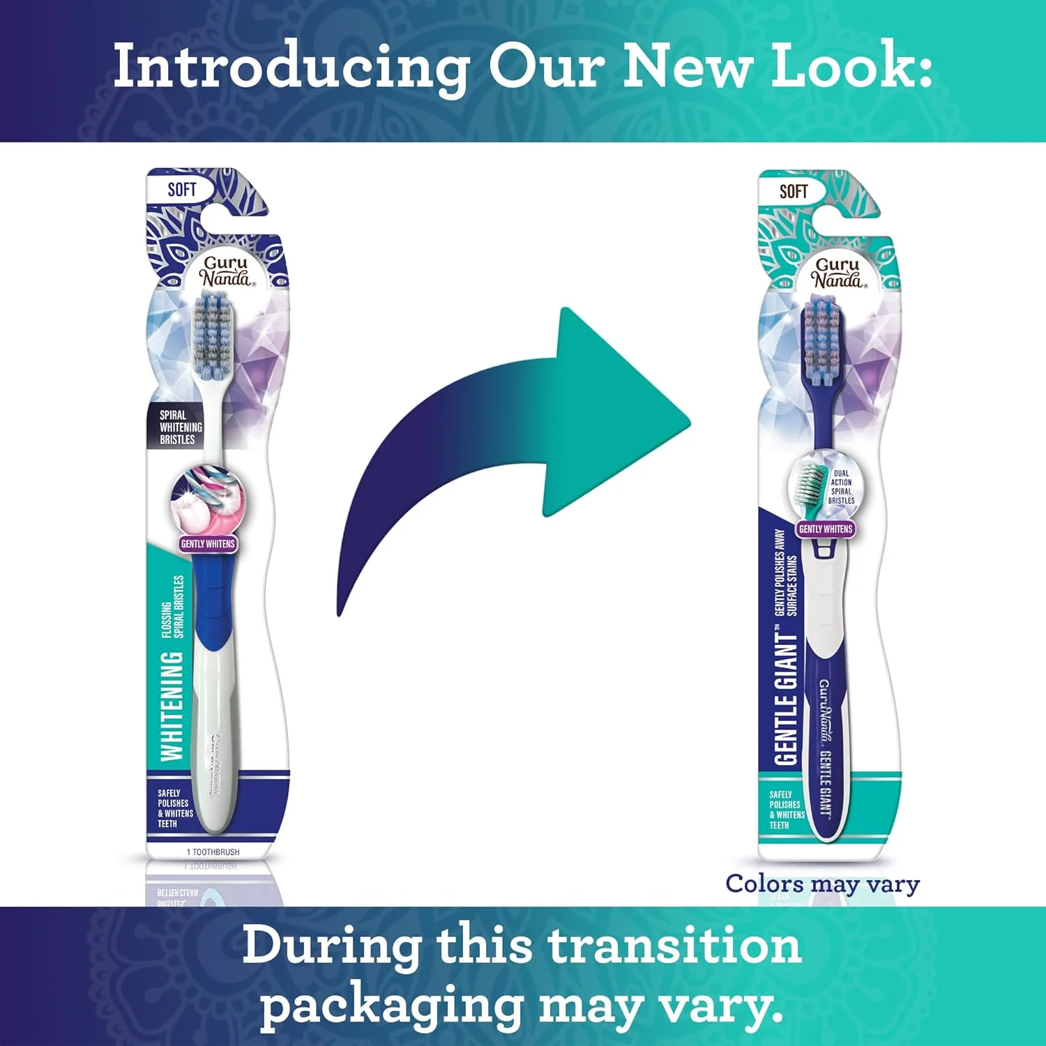 مسواک سفید کننده گورو ناندا با برس های مارپیچی نخ دندان و دسته ارگونومیک لاستیکی برای گرفتن بدون لغزش، کمک به سفید کردن و پولیش دندان - 1 عدد