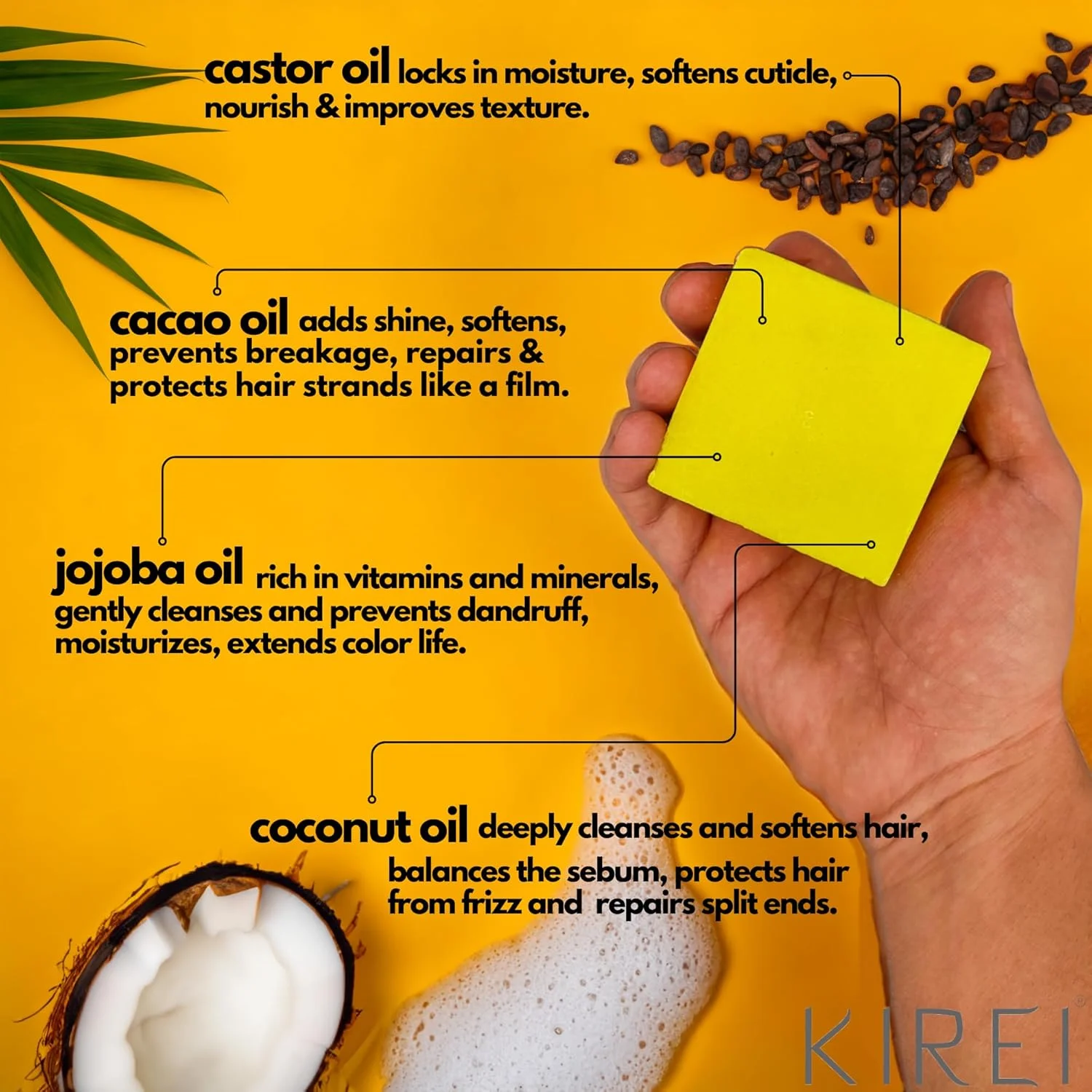 شامپو بار روغن کرچک برای موهای رنگ شده، محافظت از رنگ مو، ترمیم آسیب دیدگی، شامپو و نرم کننده 2 در 1، مرطوب کننده و آبرسان، کاملا طبیعی، وگان، کرچک/جوجوبا/نارگیل/کاکائو یوگن 100 گرمی