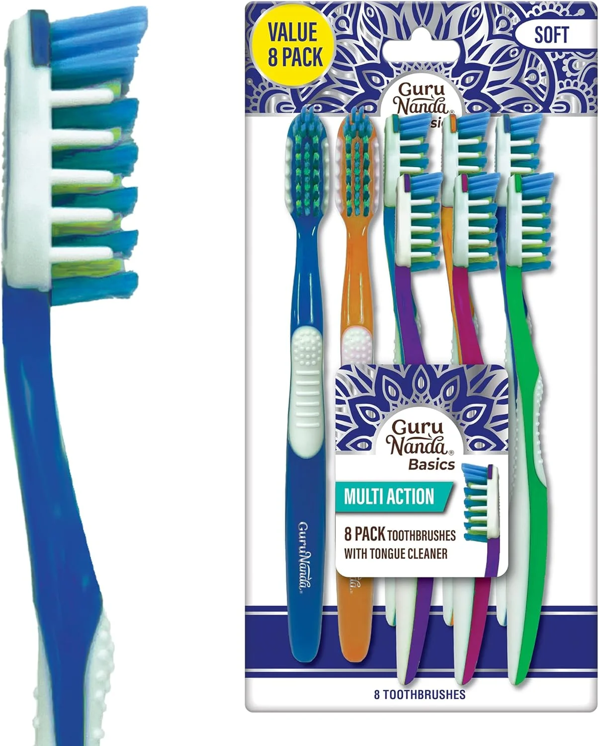 مسواک چندکاره گورو ناندا با تمیز کننده زبان - برس نرم برای دندان ها و لثه های حساس - رنگ های متنوع، بسته 8 عددی