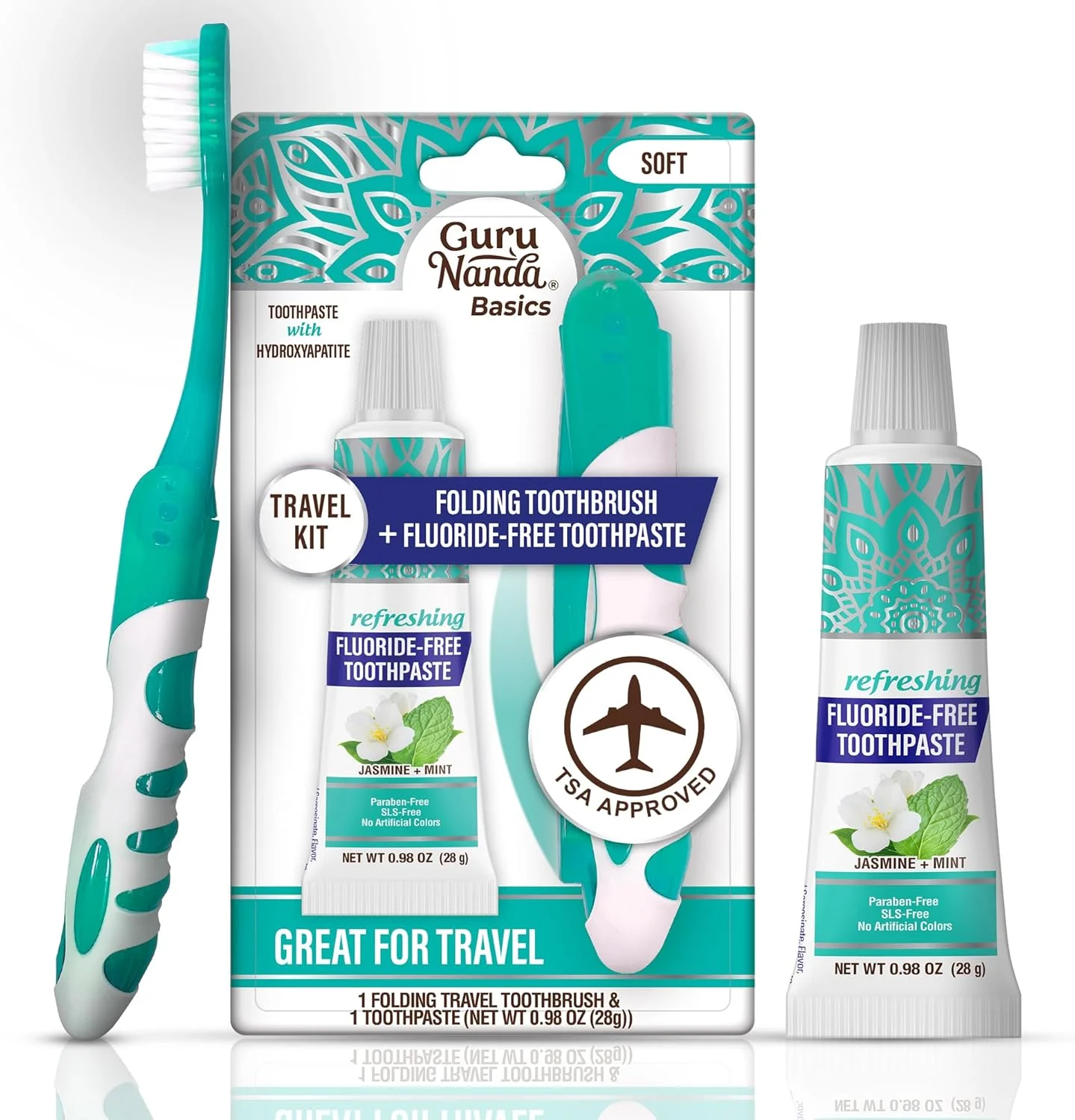 مسواک تاشو GuruNanda با درپوش داخلی و خمیر دندان حاوی هیدروکسی آپاتیت، ایده آل برای مسافرت، جمع و جور و قابل حمل، مناسب برای استفاده در حال حرکت - برس های نرم و دسته ارگونومیک، برای بزرگسالان و کودکان (1 عدد)