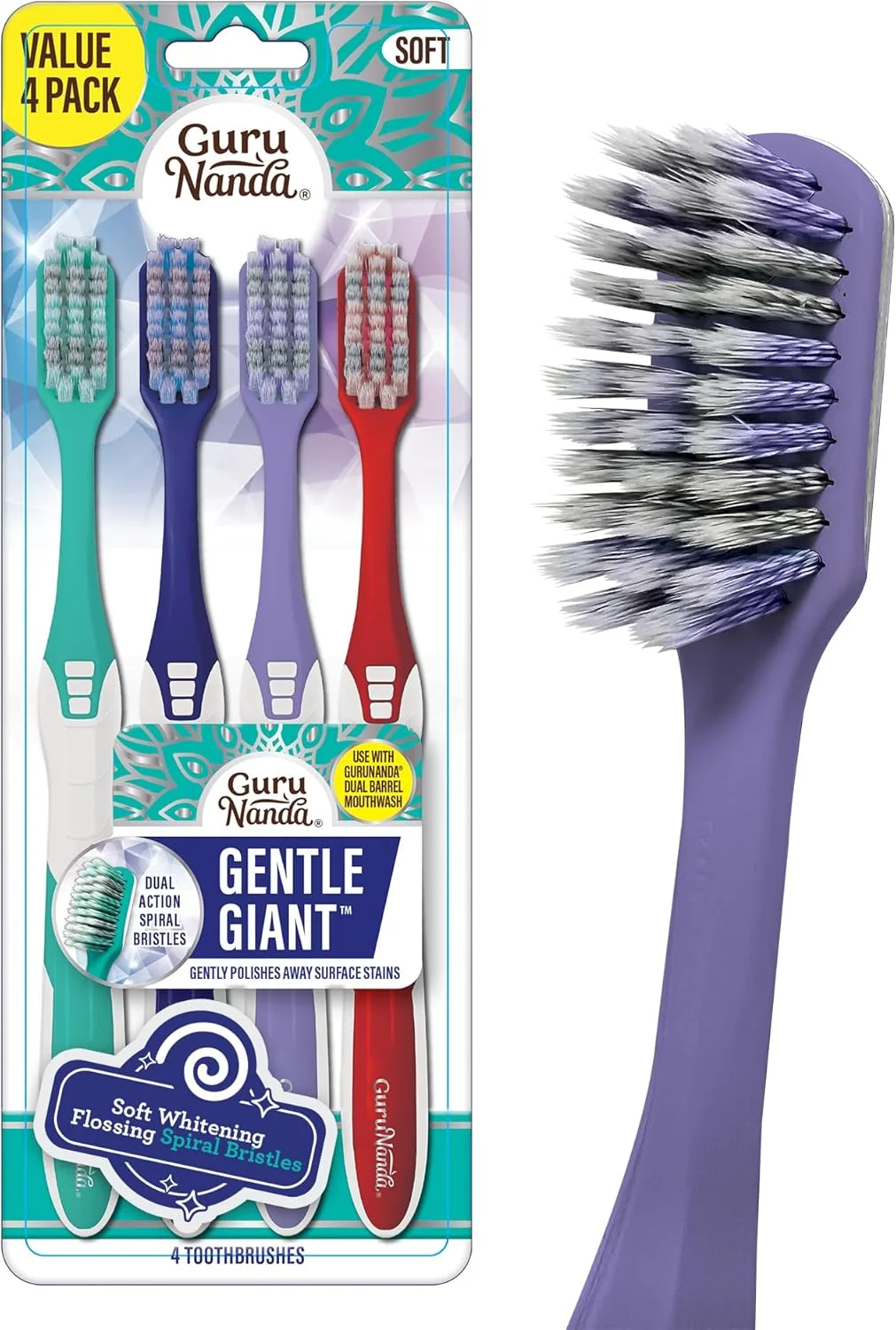 مسواک سفید کننده گورو ناندا - با برس های سافتکس و دسته ارگودکسا ضد لغزش، ملایم برای دندان ها و لثه های حساس، ارتقاء سلامت دهان و دندان بهینه در بزرگسالان و کودکان (بسته 4 عددی)