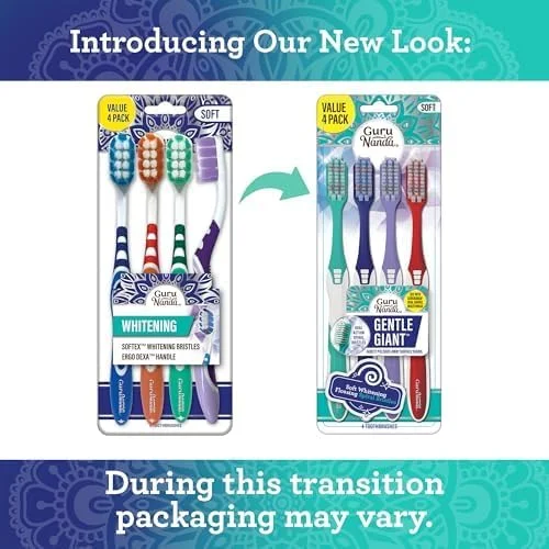 مسواک سفید کننده گورو ناندا - با برس های سافتکس و دسته ارگودکسا ضد لغزش، ملایم برای دندان ها و لثه های حساس، ارتقاء سلامت دهان و دندان بهینه در بزرگسالان و کودکان (بسته 4 عددی)