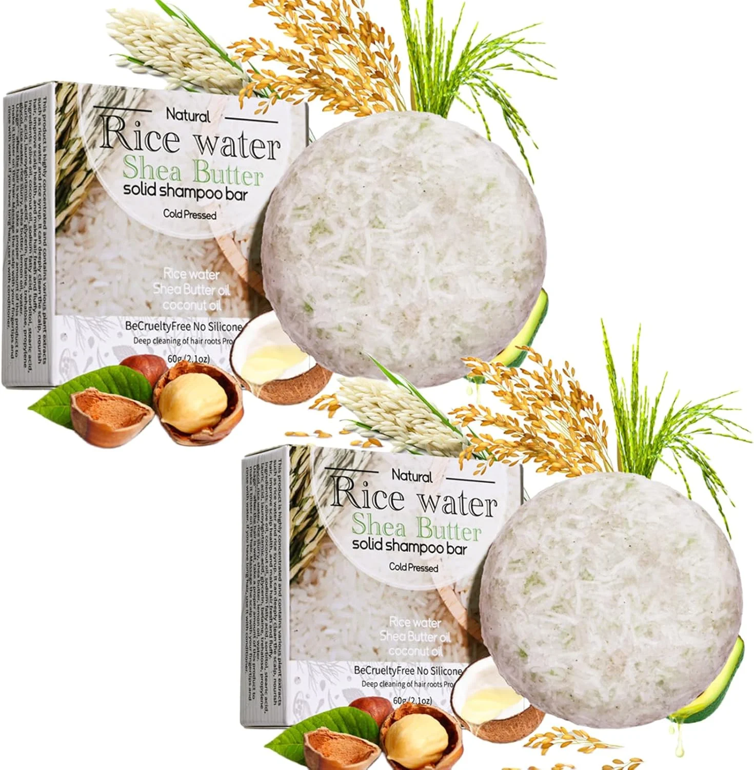 شامپو بار آب برنج برای رشد مو، شامپو بار پروتئینی عمده، پوشش ریشه موهای سفید و تیره کننده، حجم دهنده و تقویت کننده (2 عدد)