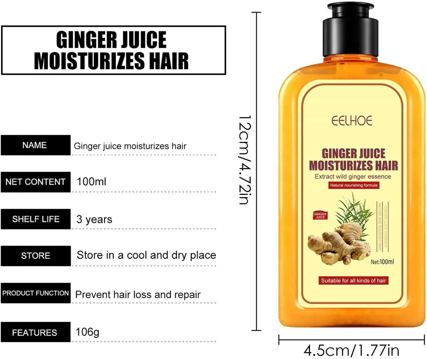 شامپو زنجبیل، شامپو موی زنجبیل مرطوب کننده، تقویت کننده رشد مو، شامپو ضخیم کننده مو 100 میلی لیتری برای موهای خشک رنگ شده، موهای آسیب دیده
