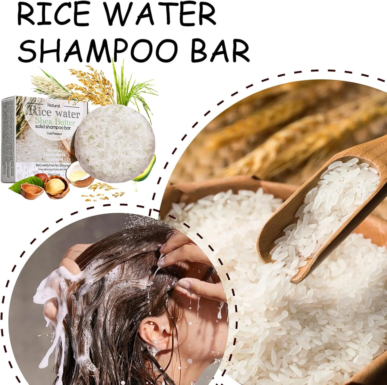 شامپو بار آب برنج برای رشد مو، شامپو بار پروتئینی عمده، پوشش ریشه موهای سفید و تیره کننده، حجم دهنده و تقویت کننده (2 عدد)