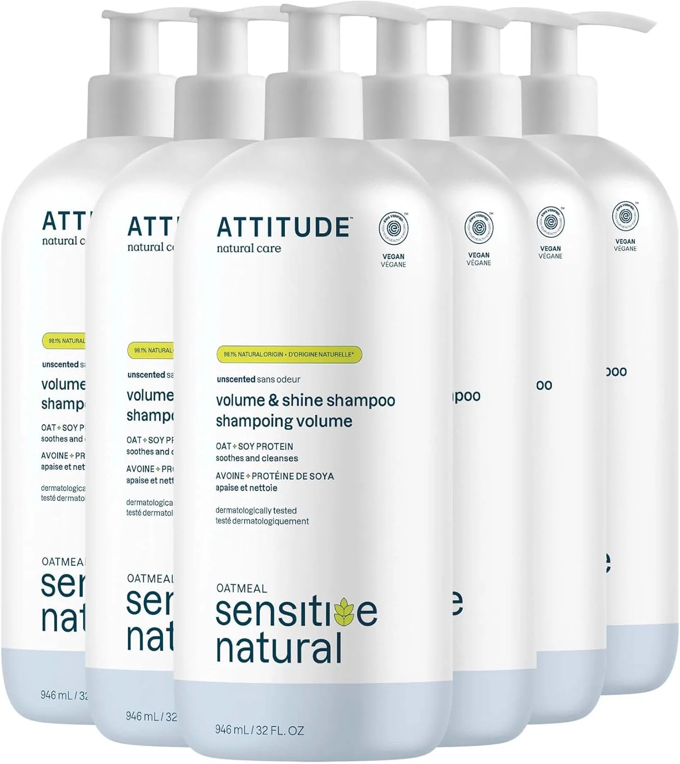 شامپو مو ATTITUDE برای پوست حساس، فوق العاده ملایم و حجم دهنده، غنی شده با مواد گیاهی و معدنی با جو دوسر، دارای گواهی EWG، وگان و بدون تست حیوانی، بدون عطر، 946 میلی لیتر (بسته 6 عددی)