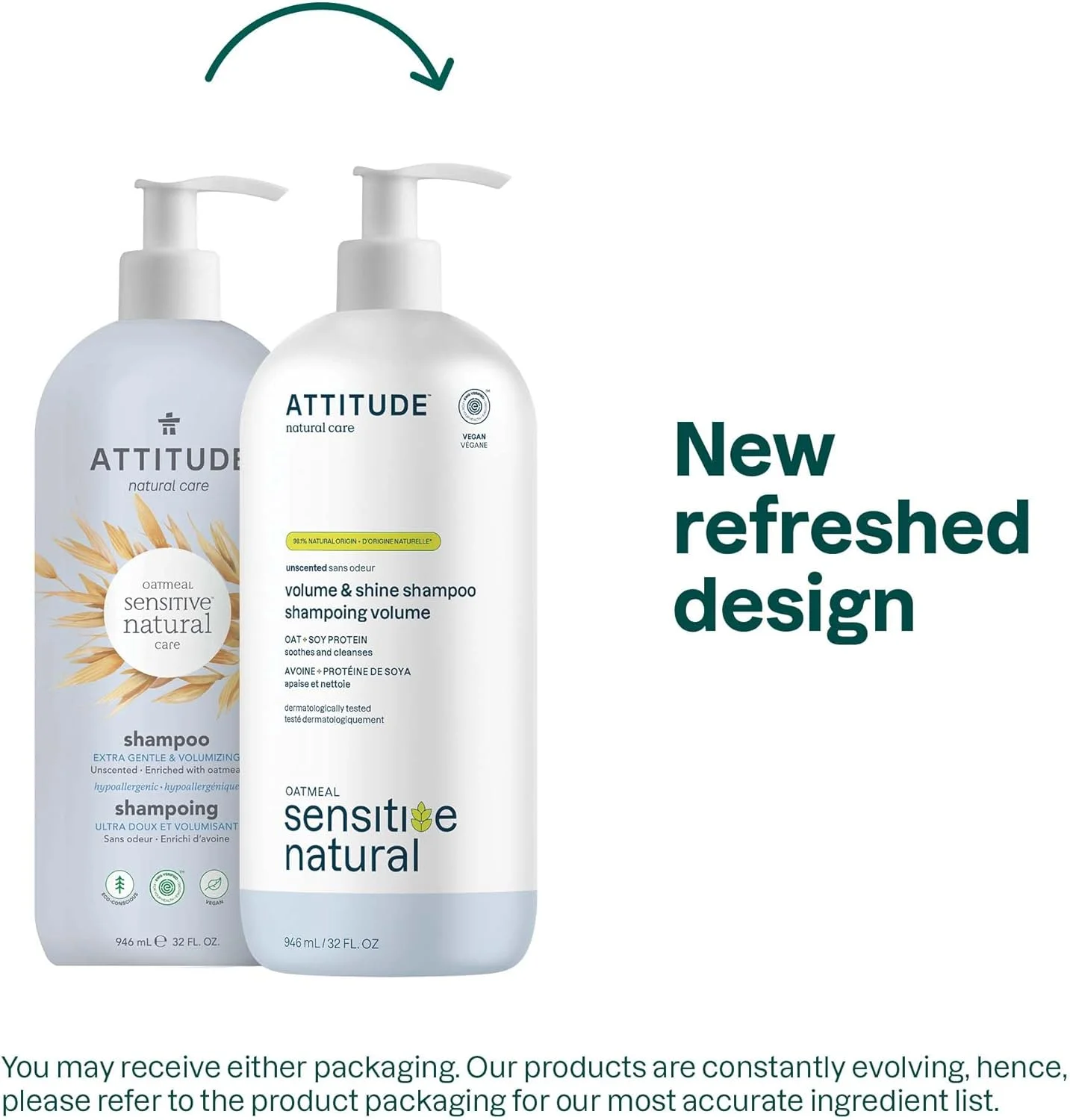 شامپو مو ATTITUDE برای پوست حساس، فوق العاده ملایم و حجم دهنده، غنی شده با مواد گیاهی و معدنی با جو دوسر، دارای گواهی EWG، وگان و بدون تست حیوانی، بدون عطر، 946 میلی لیتر (بسته 6 عددی)